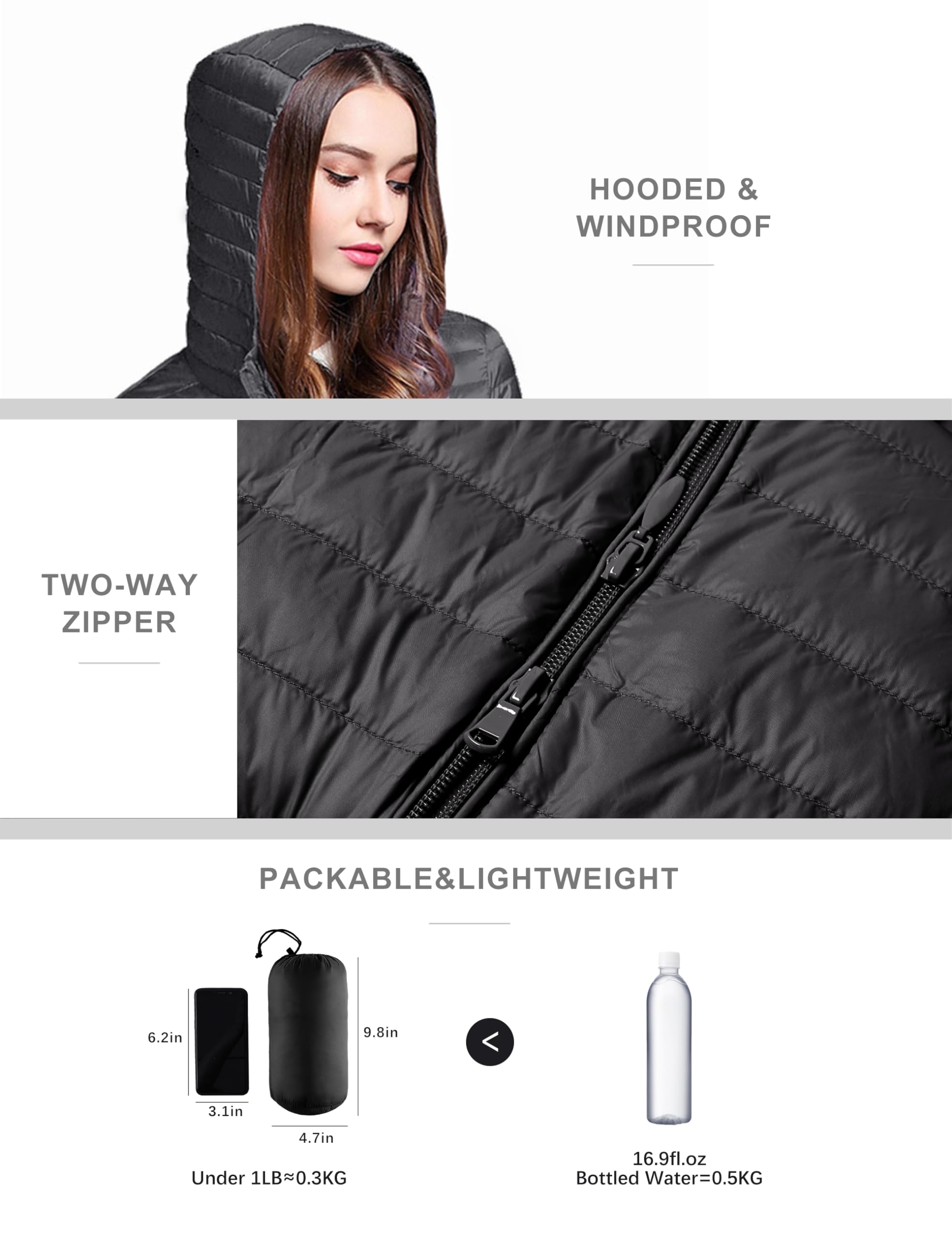 BARSDAR Women's Puffer Jacket Lightweight Packable Hooded Loose Fitting Down Coat with Two-Way Zipper