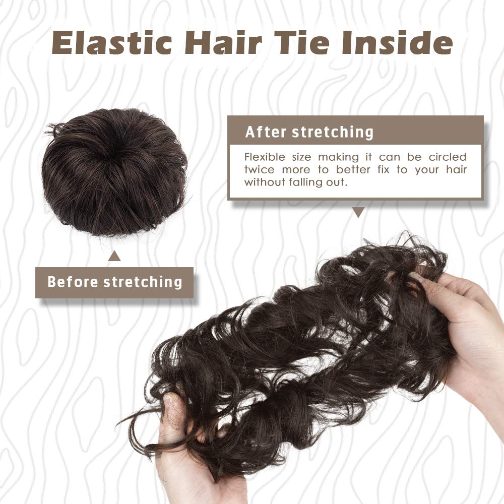 BARSDAR 100% Human Hair Bun, Brown Hair Messy Bun Extensions Human Hair Rose Bun Hair Piece Curly Hair Bun Hairpieces for Women Girls Real Hair Bun Natural Updo Tousled Chignons Daily (Dark brown)