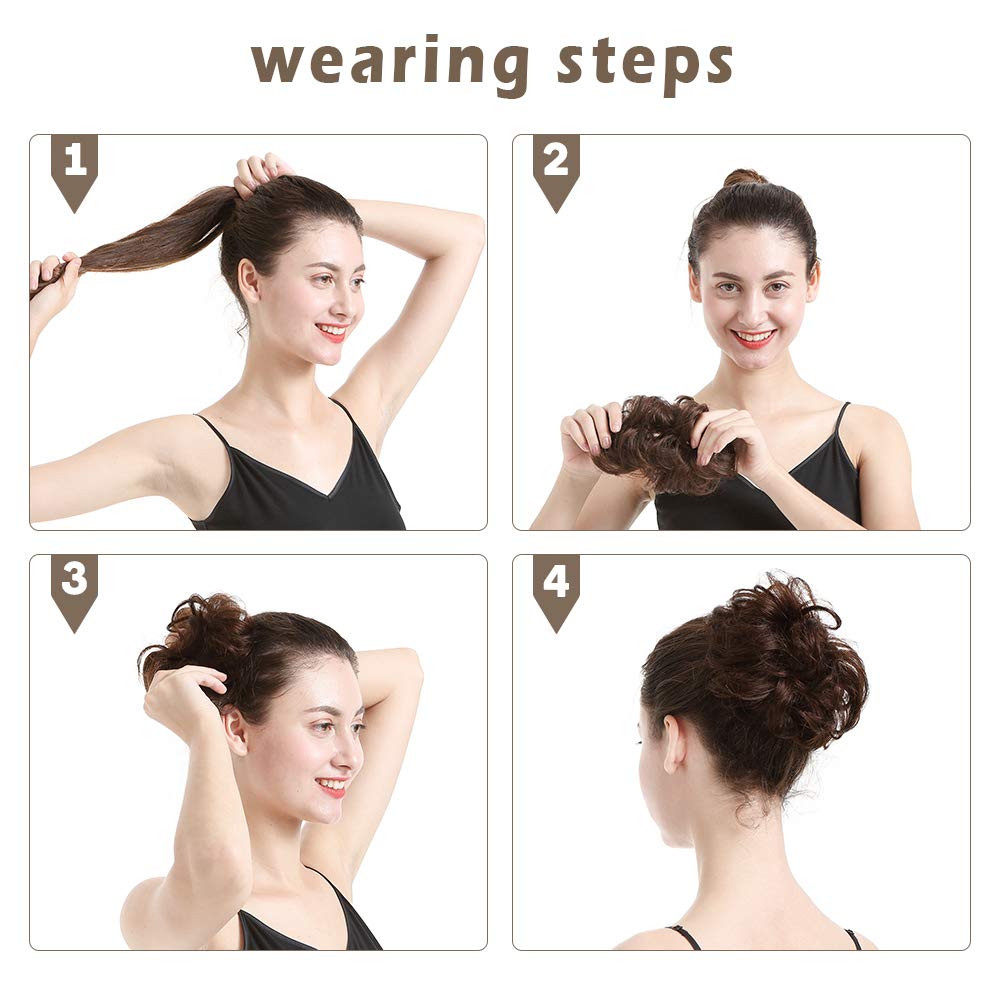 BARSDAR 100% Human Hair Bun, Brown Hair Messy Bun Extensions Human Hair Rose Bun Hair Piece Curly Hair Bun Hairpieces for Women Girls Real Hair Bun Natural Updo Tousled Chignons Daily (Dark brown)