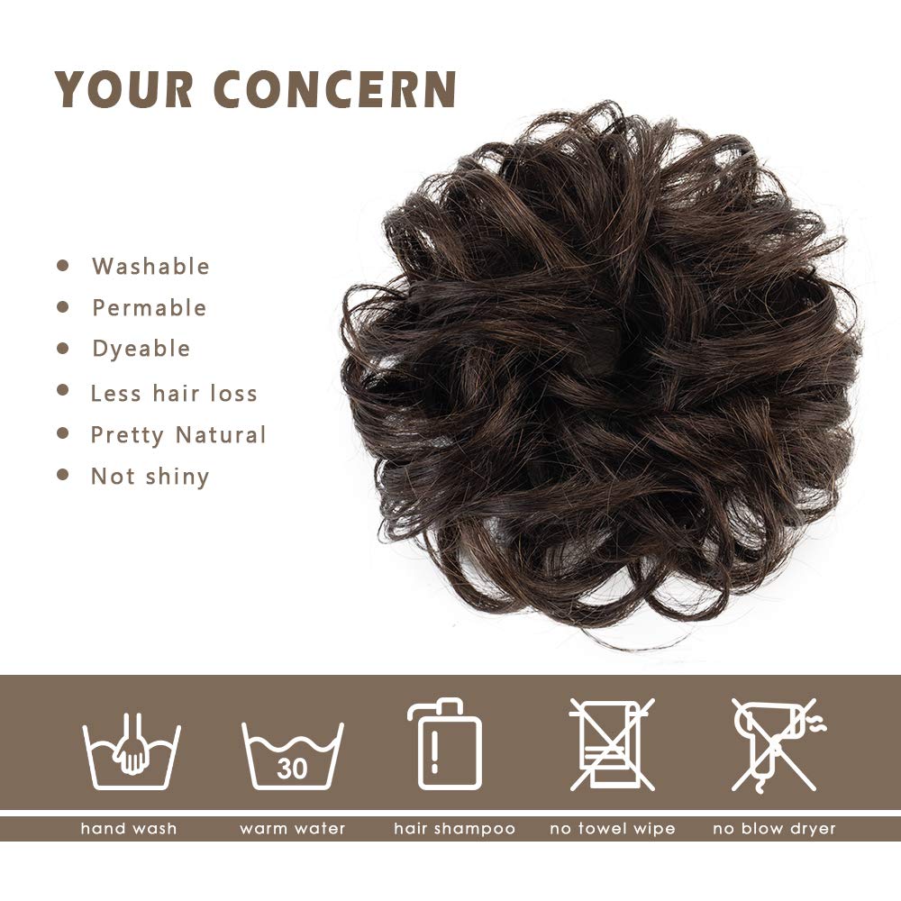 BARSDAR 100% Human Hair Bun, Brown Hair Messy Bun Extensions Human Hair Rose Bun Hair Piece Curly Hair Bun Hairpieces for Women Girls Real Hair Bun Natural Updo Tousled Chignons Daily (Dark brown)