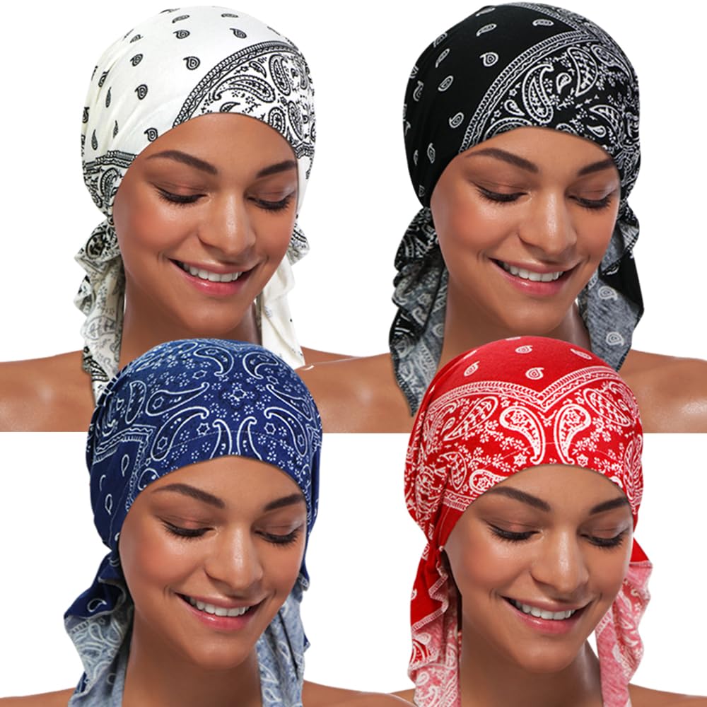 BARSDAR 4 Pieces Women Chemo Hat Turban Beanie, Pre-Tied Headwraps Headwear Bandana for Hair Loss