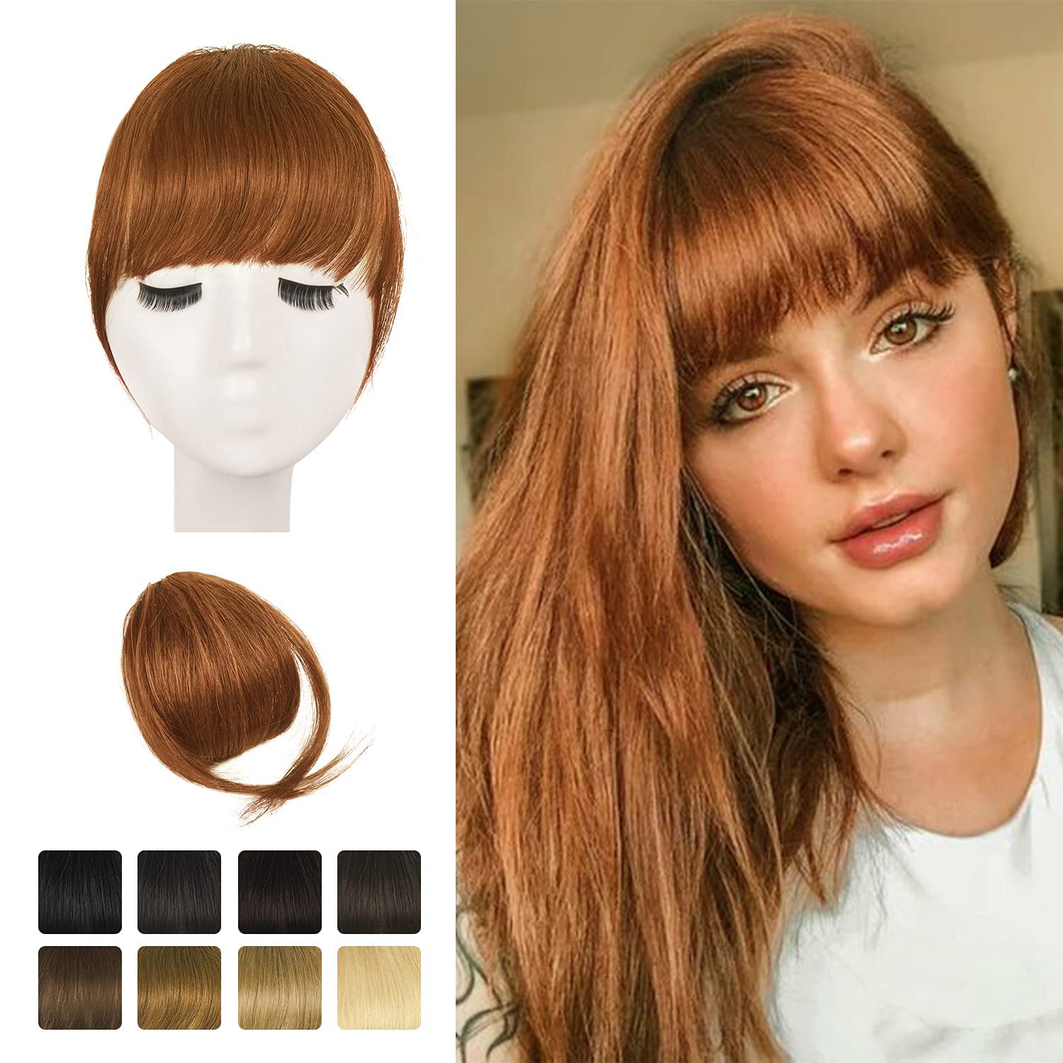 BARSDAR Clip in Bangs, BARSDAR 100% Human Hair Bangs Extensions French Bangs Air Bangs Neat Bangs with Temples Clip on Fringe Bangs Real Hair for Women Natural Color Washable/Dyeable(Neat-Medium Auburn)