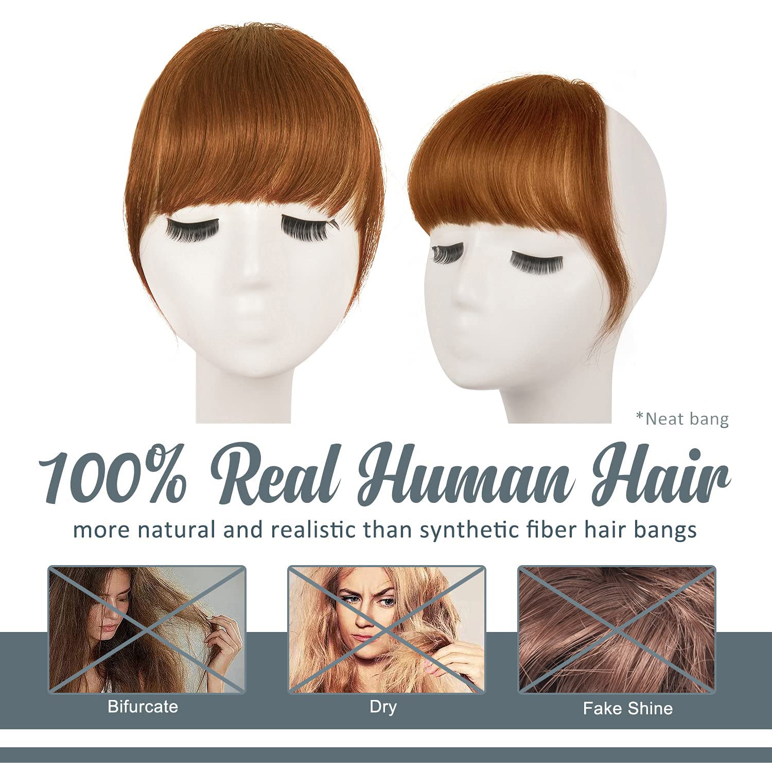 BARSDAR Clip in Bangs, BARSDAR 100% Human Hair Bangs Extensions French Bangs Air Bangs Neat Bangs with Temples Clip on Fringe Bangs Real Hair for Women Natural Color Washable/Dyeable(Neat-Medium Auburn)