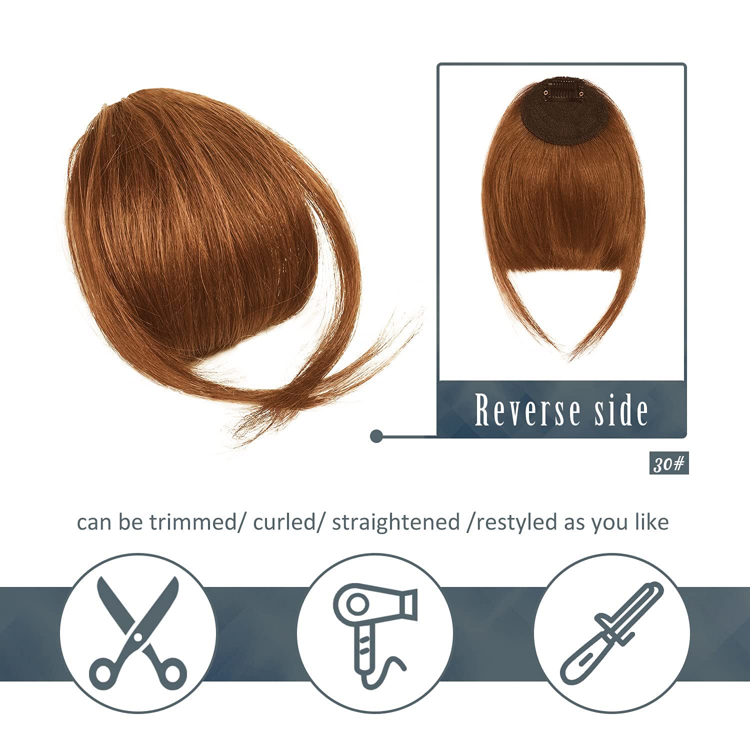 BARSDAR Clip in Bangs, BARSDAR 100% Human Hair Bangs Extensions French Bangs Air Bangs Neat Bangs with Temples Clip on Fringe Bangs Real Hair for Women Natural Color Washable/Dyeable(Neat-Medium Auburn)