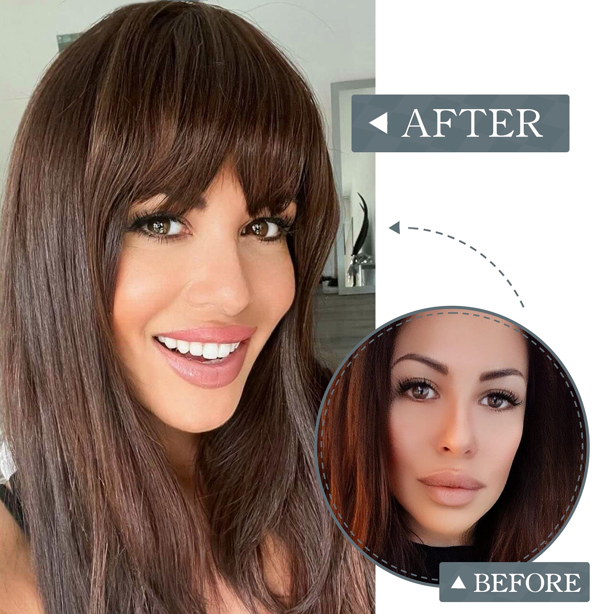 BARSDAR Clip in Bangs, BARSDAR 100% Human Hair Bangs Extensions French Bangs Air Bangs Neat Bangs with Temples Clip on Fringe Bangs Real Hair for Women Natural Color Washable/Dyeable(Neat-Medium Auburn)