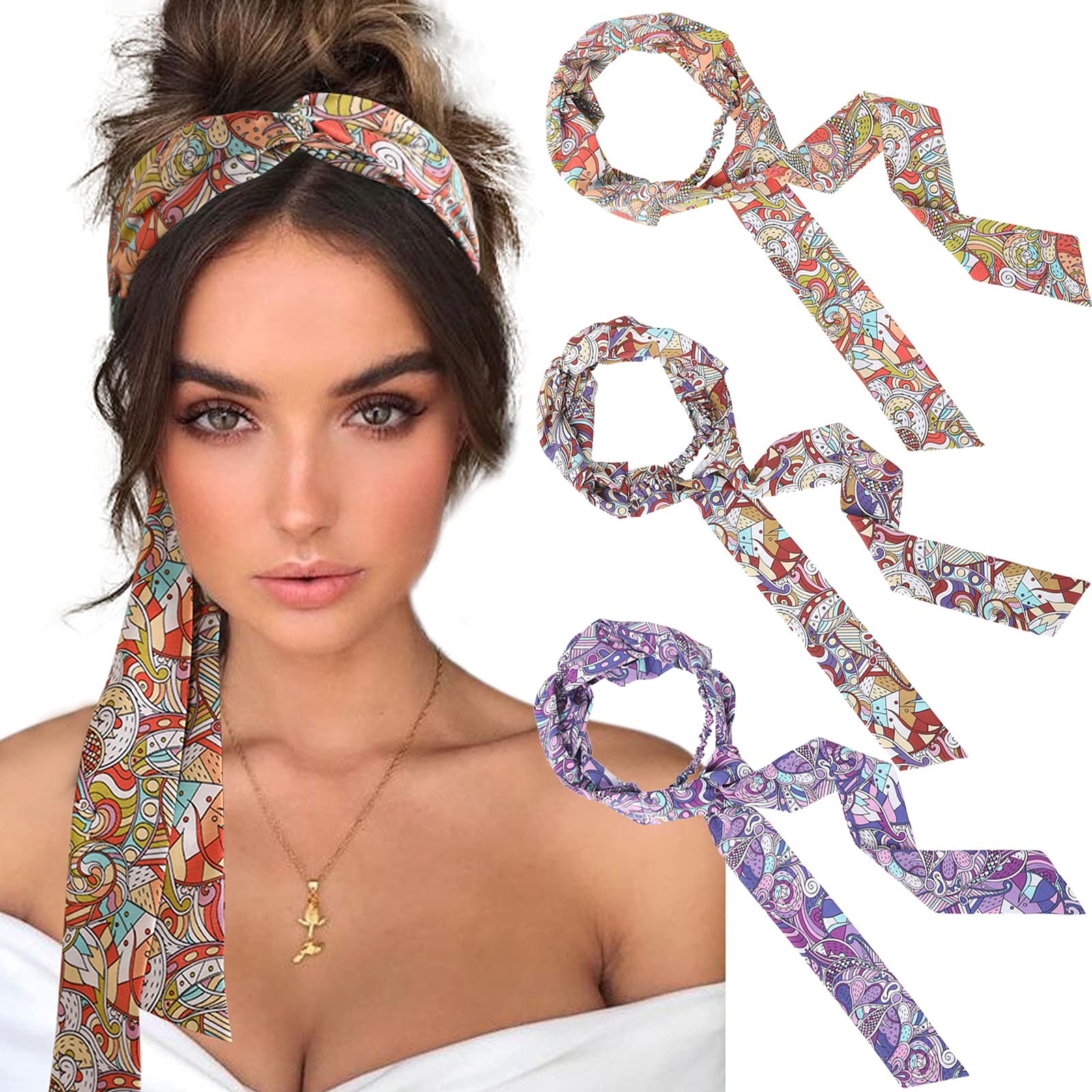 BARSDAR Women Long Head Wraps Bands - Twist Knotted Headbands for Women Long Thick Hair 3PCS Chiffon Criss Cross Head Wraps Non Slip Hair Band (Cashews Red Orange Purple)