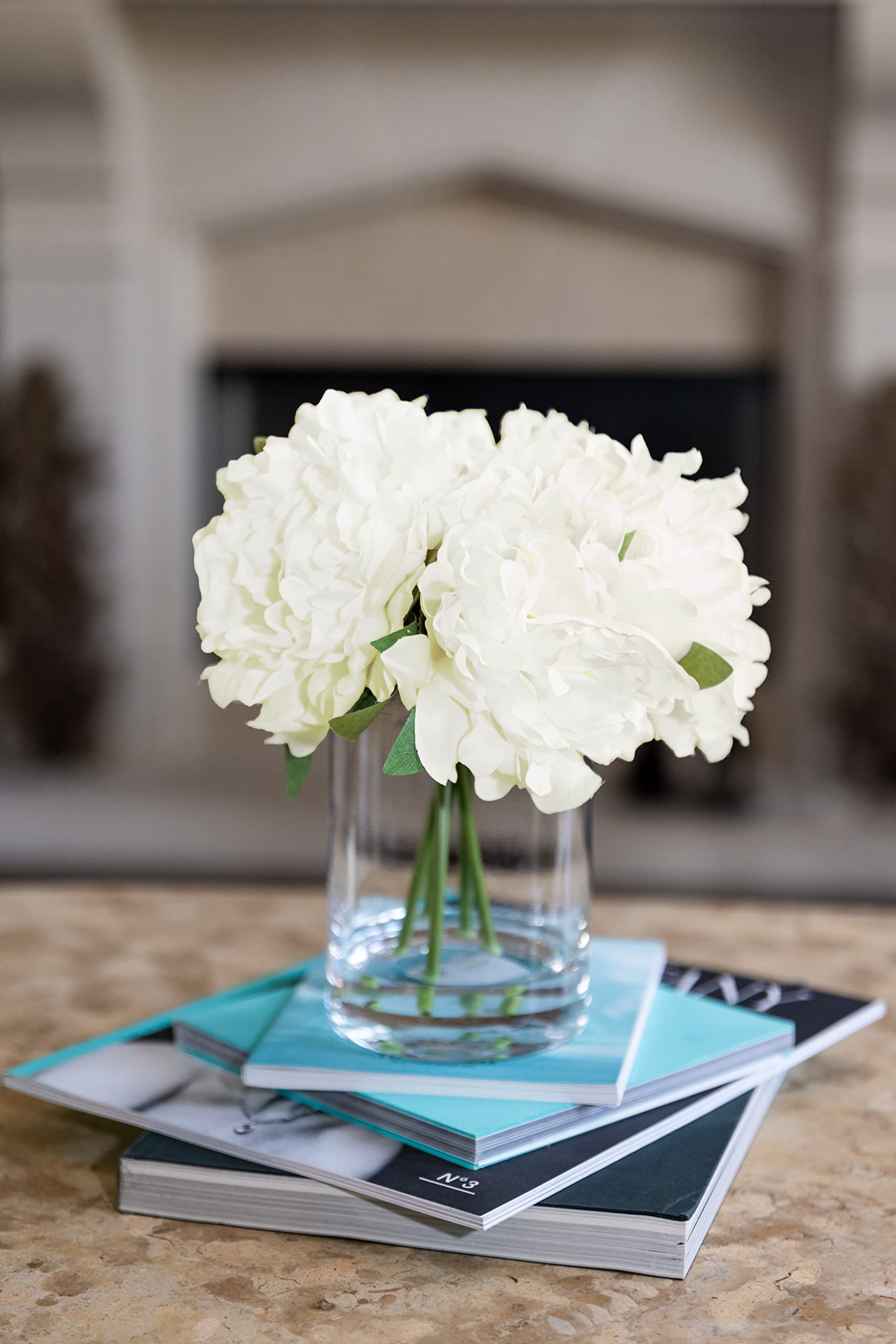 BARSDAR Need Artificial Flowers Fake 5Heads Peony Silk Flower with Clear Glass Vase Décor Arrangements for Wedding Decoration Table Centerpieces - Cream Bouquet