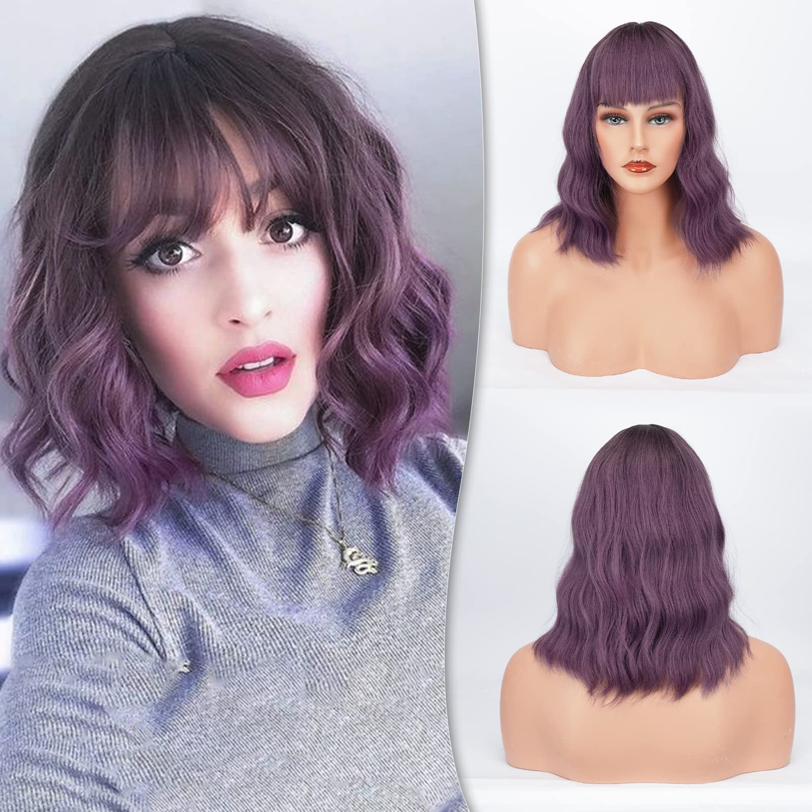 BARSDAR Short Wavy Bob Wig With Bangs, Short Wavy Bob Purple Wig Pastel Curly Wavy Synthetic Cosplay Party Wigs With Free Wig Cap For Women Girls Daily Use Colorful Wigs(14'', Lavender Purple)