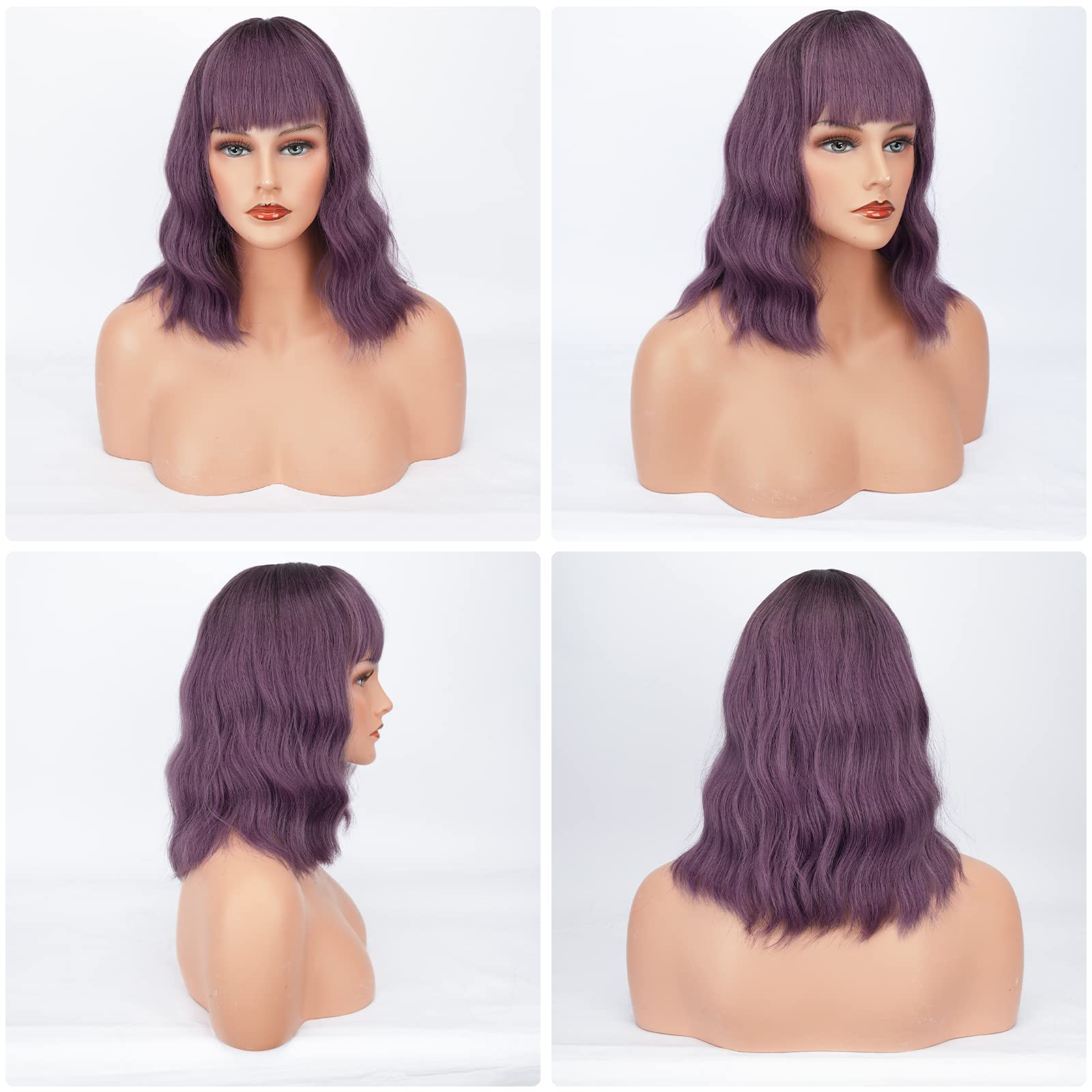 BARSDAR Short Wavy Bob Wig With Bangs, Short Wavy Bob Purple Wig Pastel Curly Wavy Synthetic Cosplay Party Wigs With Free Wig Cap For Women Girls Daily Use Colorful Wigs(14'', Lavender Purple)