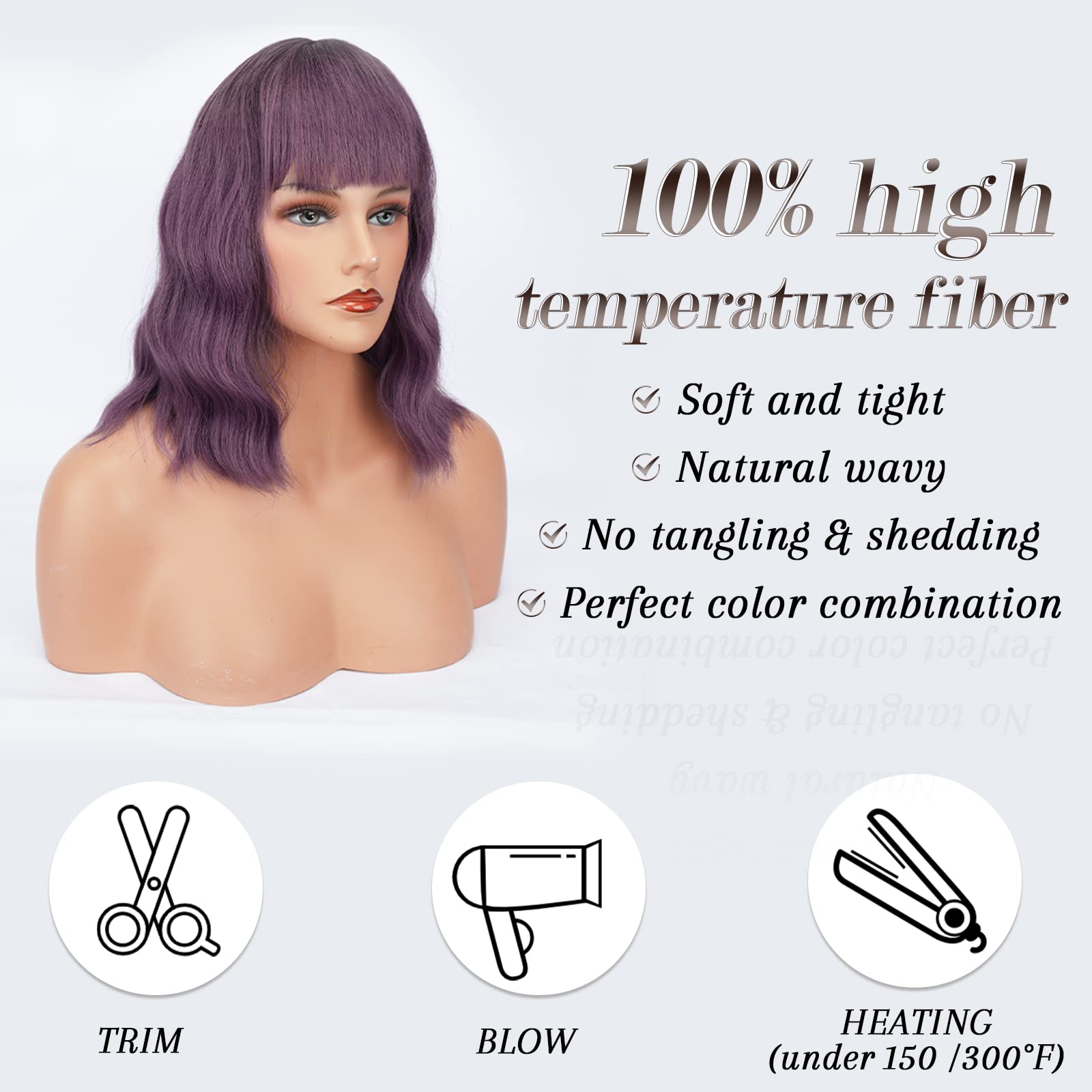 BARSDAR Short Wavy Bob Wig With Bangs, Short Wavy Bob Purple Wig Pastel Curly Wavy Synthetic Cosplay Party Wigs With Free Wig Cap For Women Girls Daily Use Colorful Wigs(14'', Lavender Purple)