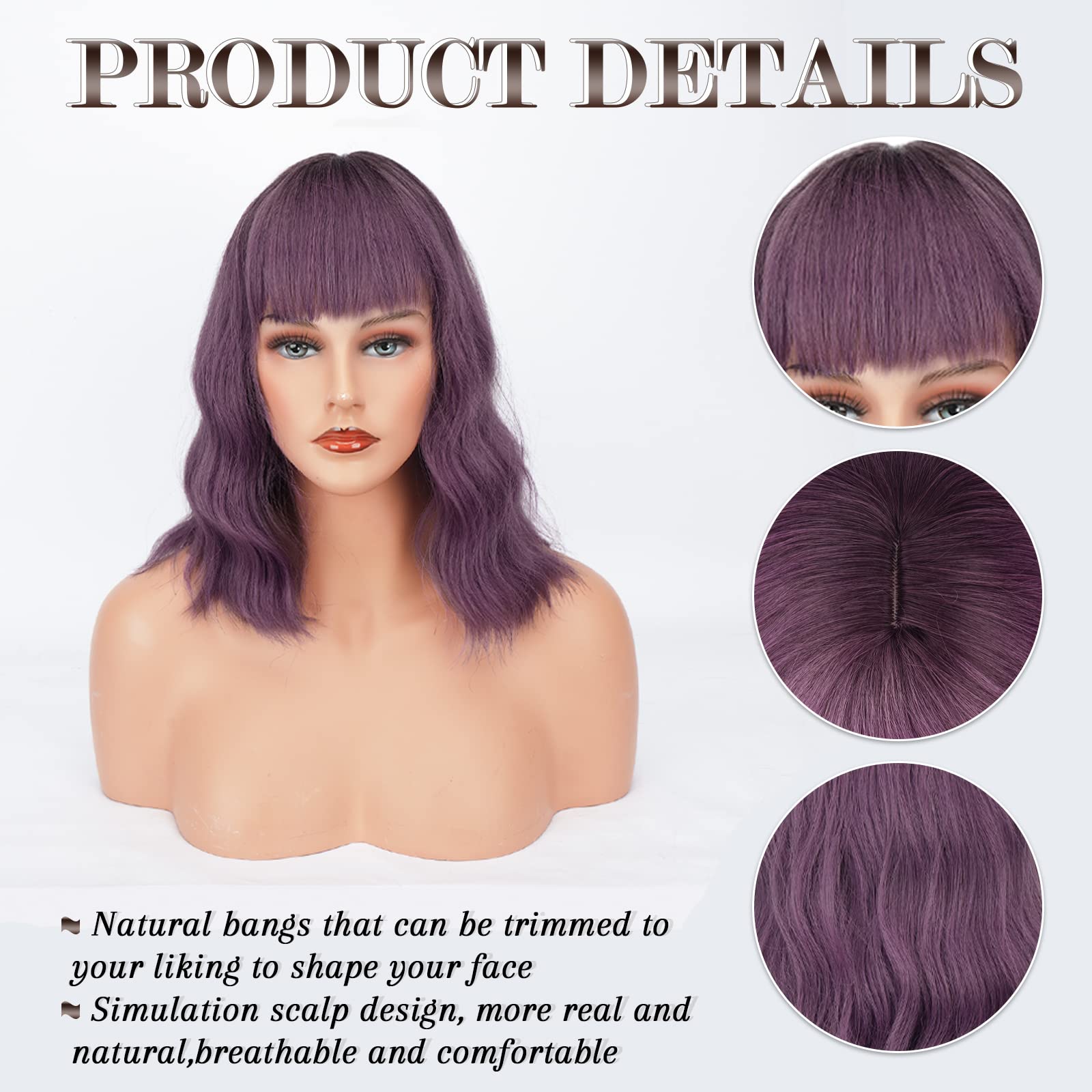 BARSDAR Short Wavy Bob Wig With Bangs, Short Wavy Bob Purple Wig Pastel Curly Wavy Synthetic Cosplay Party Wigs With Free Wig Cap For Women Girls Daily Use Colorful Wigs(14'', Lavender Purple)