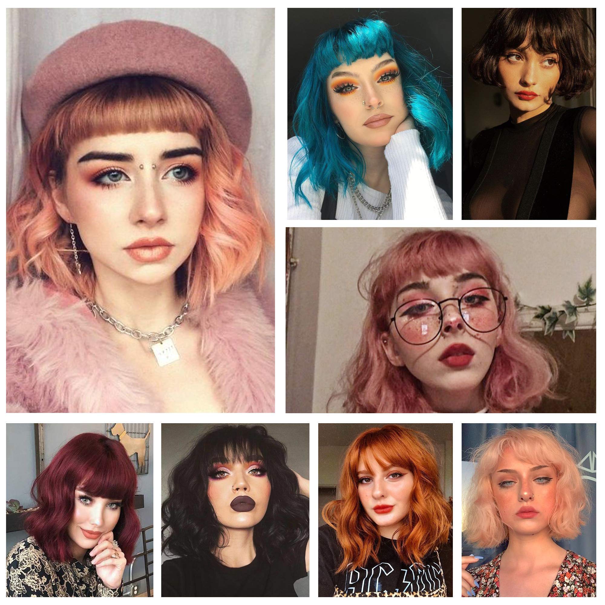 BARSDAR Short Wavy Bob Wig With Bangs, Short Wavy Bob Purple Wig Pastel Curly Wavy Synthetic Cosplay Party Wigs With Free Wig Cap For Women Girls Daily Use Colorful Wigs(14'', Lavender Purple)