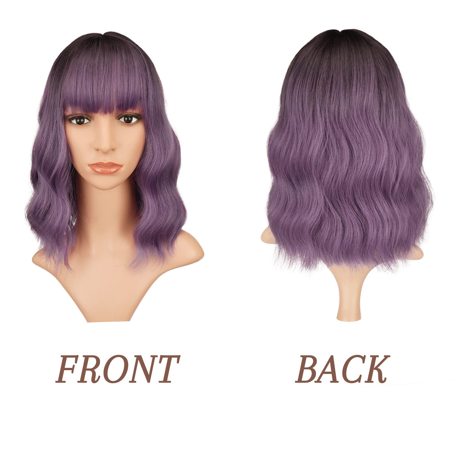 BARSDAR Short Wavy Bob Wig With Bangs, Short Wavy Bob Purple Wig Pastel Curly Wavy Synthetic Cosplay Party Wigs With Free Wig Cap For Women Girls Daily Use Colorful Wigs(14'', Lavender Purple)