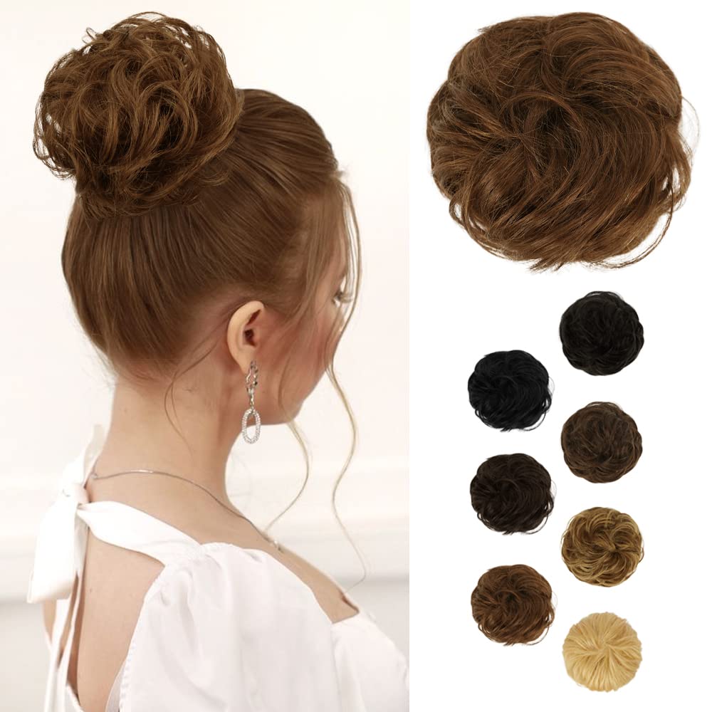BARSDAR 100% Human Hair Bun, Real Hair Messy Bun Scrunchies Human Hair Rose Bun Extensions Curly Brown Hair Bun Hair Piece for Women Tousled Updo Chignons Daily (32g,Medium Chestnut Brown)
