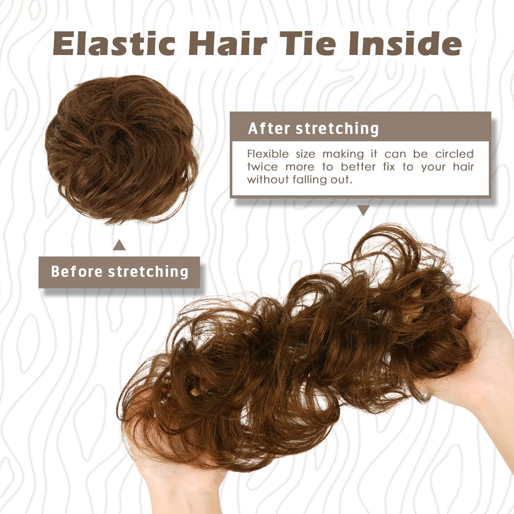 BARSDAR 100% Human Hair Bun, Real Hair Messy Bun Scrunchies Human Hair Rose Bun Extensions Curly Brown Hair Bun Hair Piece for Women Tousled Updo Chignons Daily (32g,Medium Chestnut Brown)