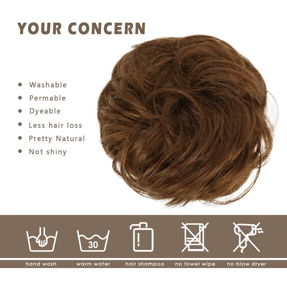 BARSDAR 100% Human Hair Bun, Real Hair Messy Bun Scrunchies Human Hair Rose Bun Extensions Curly Brown Hair Bun Hair Piece for Women Tousled Updo Chignons Daily (32g,Medium Chestnut Brown)