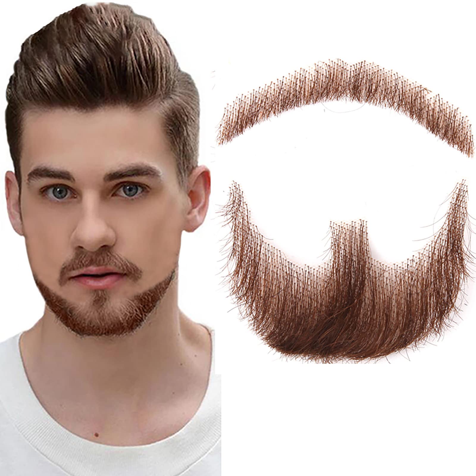 BARSDAR Fake Beard Realistic 100% Human Hair Full Hand Tied Goatee False Beards Lace Invisible Fake Mustache for Halloween Dressing Men Makeup Entertainment/Drama/Party/Movie Prop (Brown)