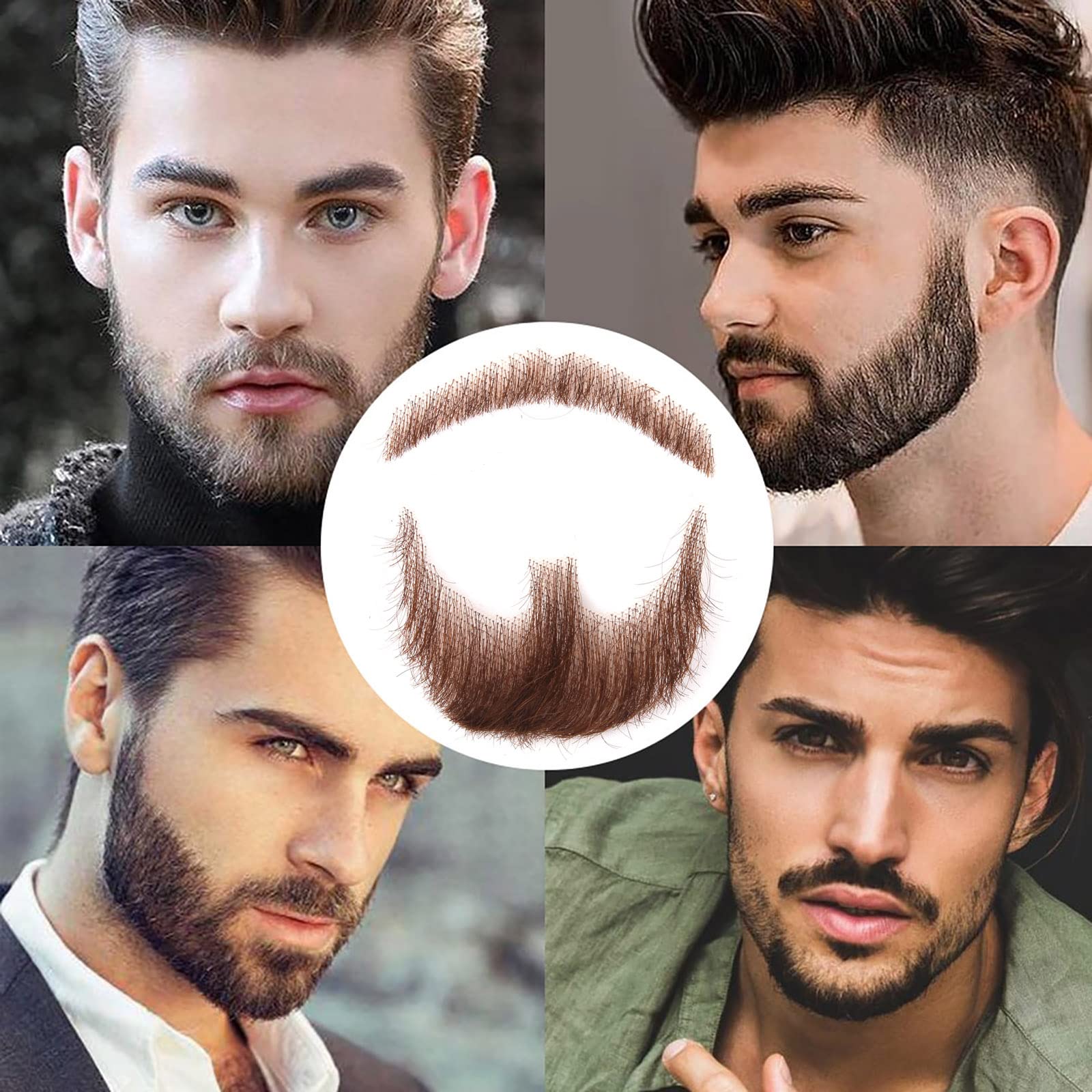 BARSDAR Fake Beard Realistic 100% Human Hair Full Hand Tied Goatee False Beards Lace Invisible Fake Mustache for Halloween Dressing Men Makeup Entertainment/Drama/Party/Movie Prop (Brown)