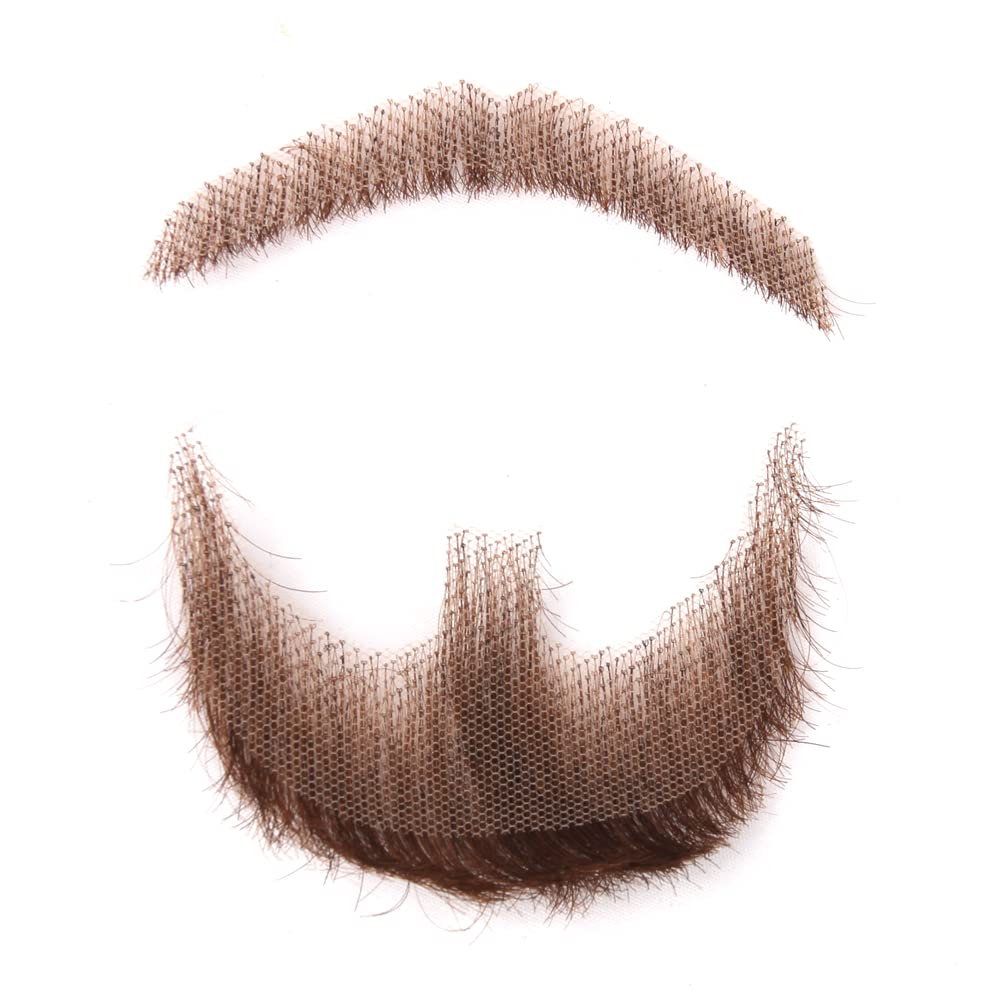 BARSDAR Fake Beard Realistic 100% Human Hair Full Hand Tied Goatee False Beards Lace Invisible Fake Mustache for Halloween Dressing Men Makeup Entertainment/Drama/Party/Movie Prop (Brown)