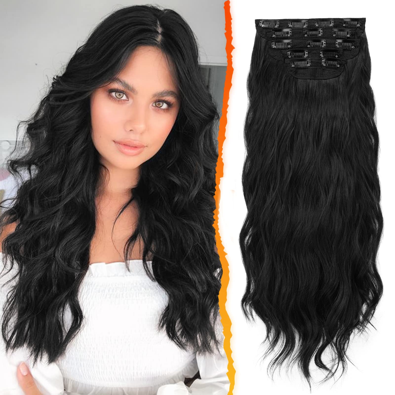 BARSDAR Clip in Hair Extensions, 5PCS Long Wavy Clip in Hair Extensions 18 In Black Hair Thick Natural Soft Synthetic Hairpieces Clip ins for Women Girls Daily Make Up Party Halloween-Natural Black