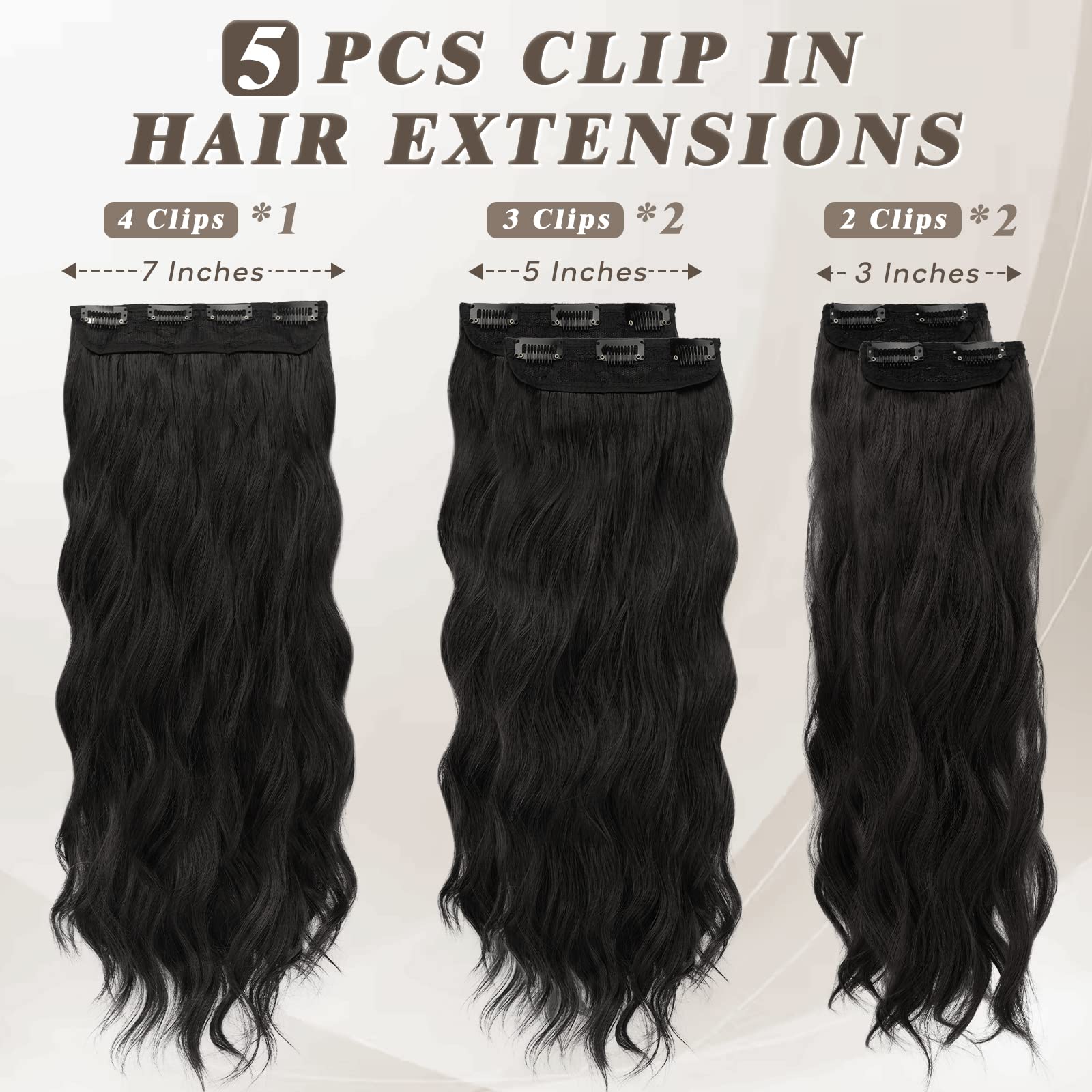 BARSDAR Clip in Hair Extensions, 5PCS Long Wavy Clip in Hair Extensions 18 In Black Hair Thick Natural Soft Synthetic Hairpieces Clip ins for Women Girls Daily Make Up Party Halloween-Natural Black