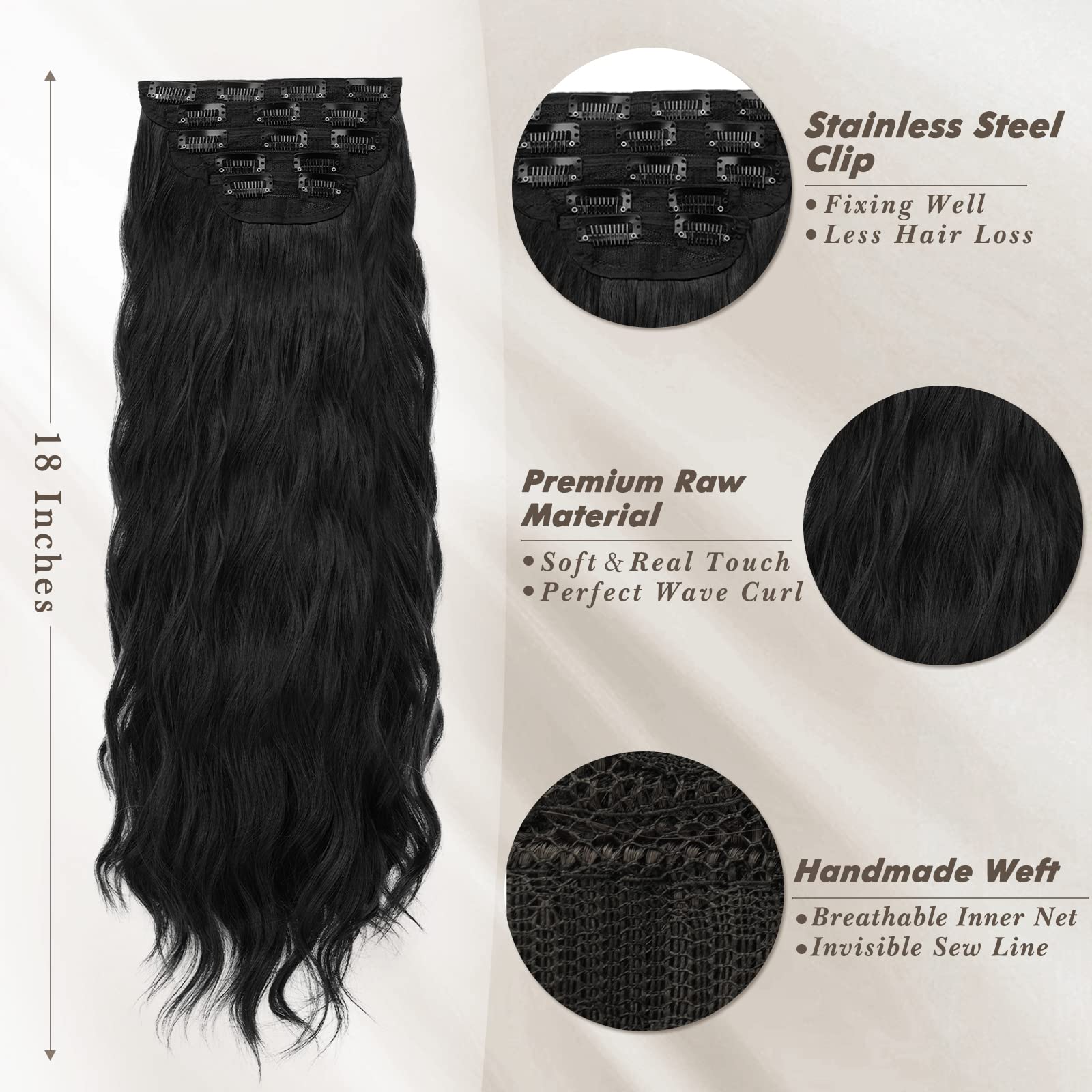 BARSDAR Clip in Hair Extensions, 5PCS Long Wavy Clip in Hair Extensions 18 In Black Hair Thick Natural Soft Synthetic Hairpieces Clip ins for Women Girls Daily Make Up Party Halloween-Natural Black