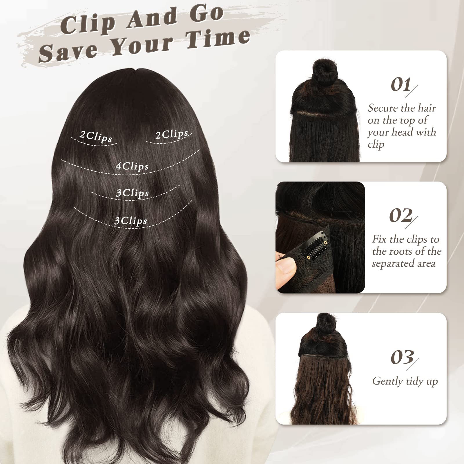 BARSDAR Clip in Hair Extensions, 5PCS Long Wavy Clip in Hair Extensions 18 In Black Hair Thick Natural Soft Synthetic Hairpieces Clip ins for Women Girls Daily Make Up Party Halloween-Natural Black