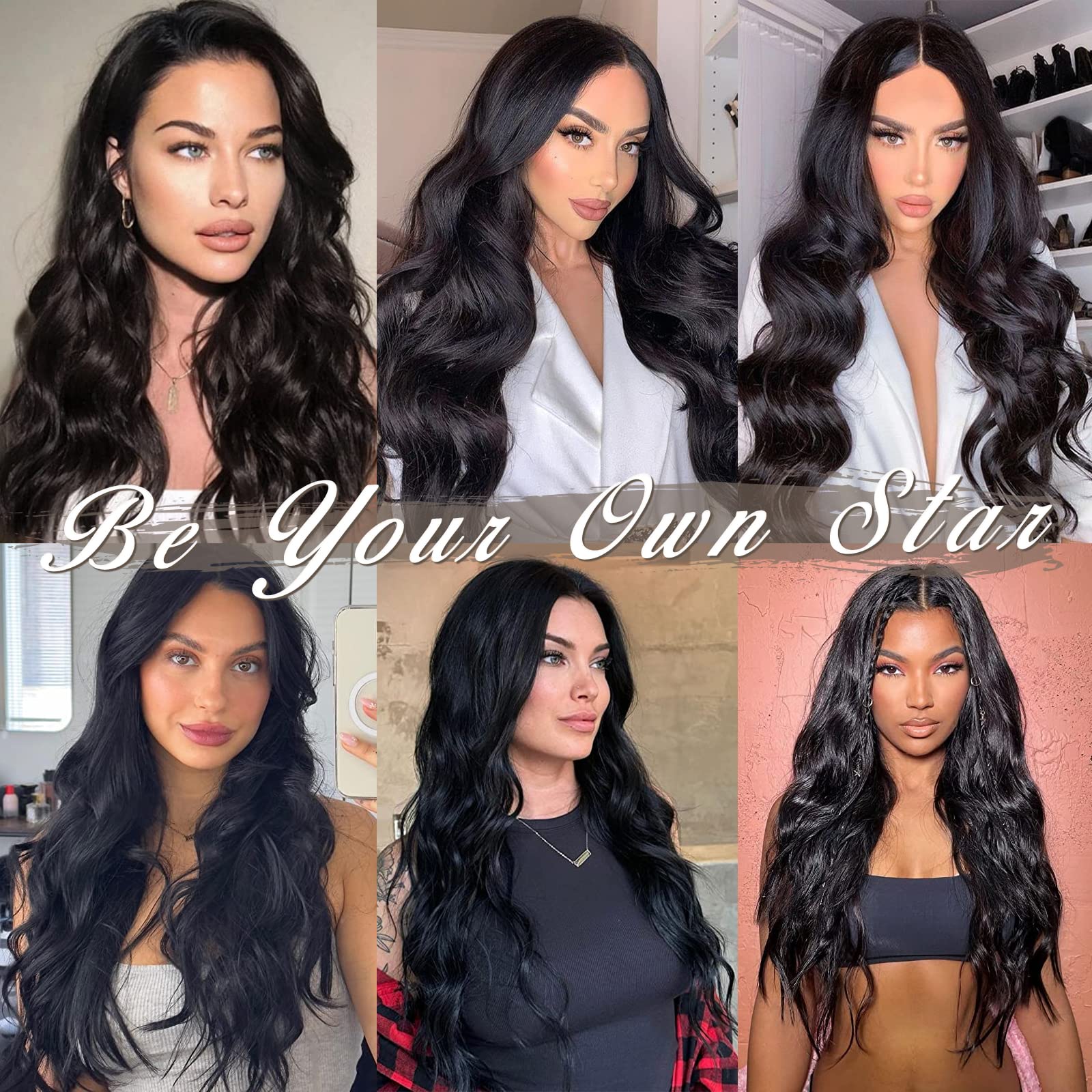 BARSDAR Clip in Hair Extensions, 5PCS Long Wavy Clip in Hair Extensions 18 In Black Hair Thick Natural Soft Synthetic Hairpieces Clip ins for Women Girls Daily Make Up Party Halloween-Natural Black