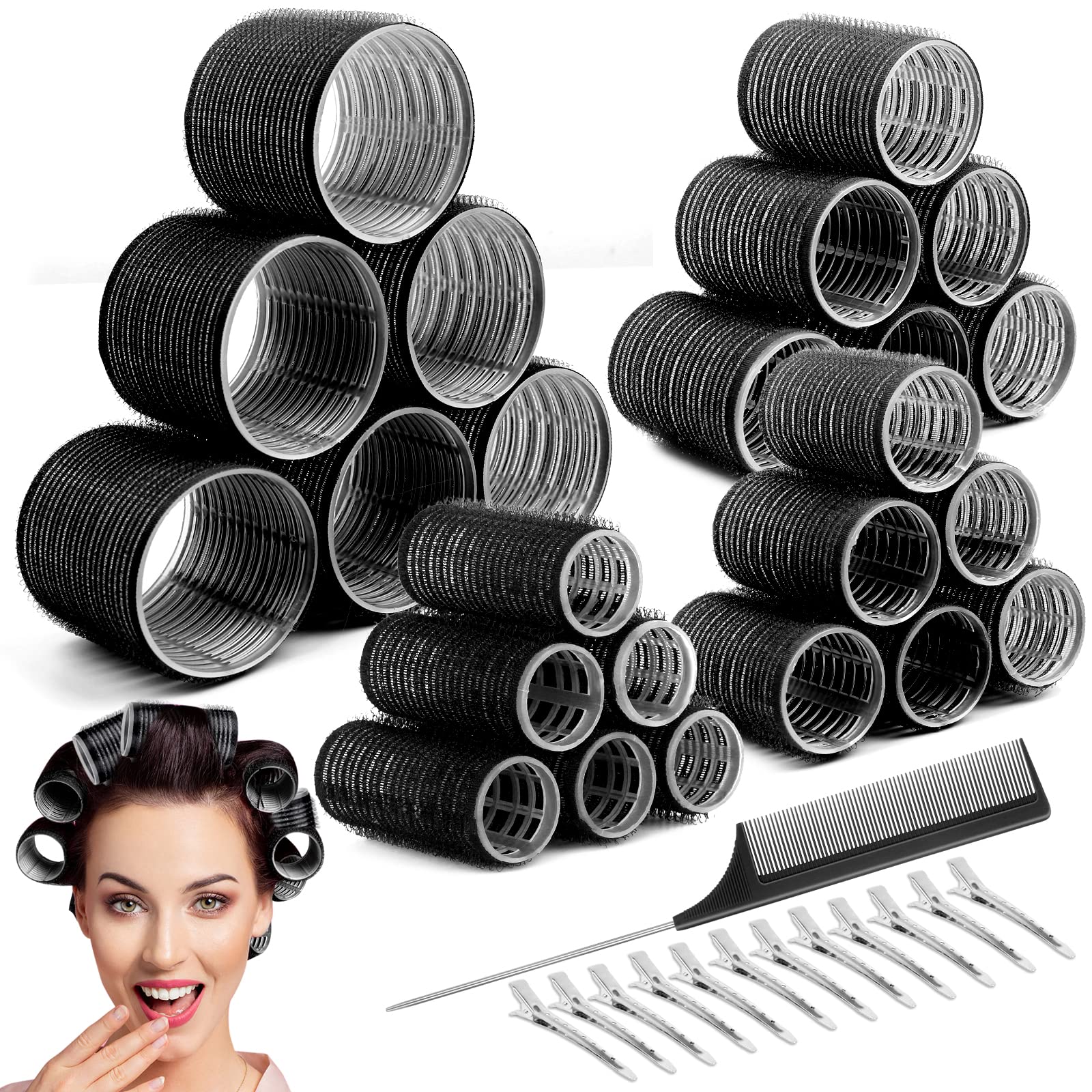 BARSDAR Jumbo Hair Curler Rollers 24PCS Heatless Hair Roller with 12PCS Clips, 4 Sizes（Jumbo Large Medium Small）Self Grip Holding Hair Rollers for Long Medium Short Thick Fine Volume Thin Bangs Hair