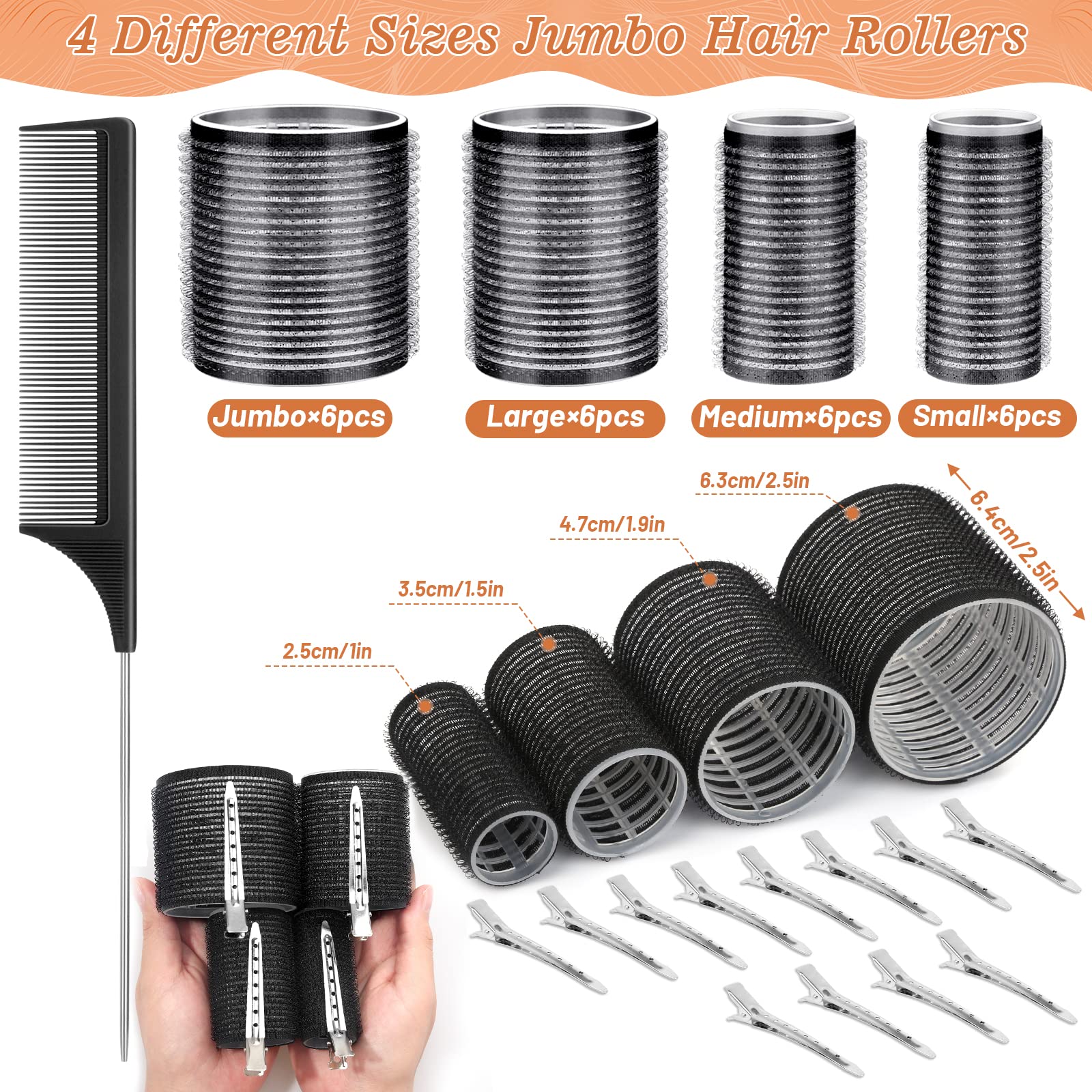 BARSDAR Jumbo Hair Curler Rollers 24PCS Heatless Hair Roller with 12PCS Clips, 4 Sizes（Jumbo Large Medium Small）Self Grip Holding Hair Rollers for Long Medium Short Thick Fine Volume Thin Bangs Hair
