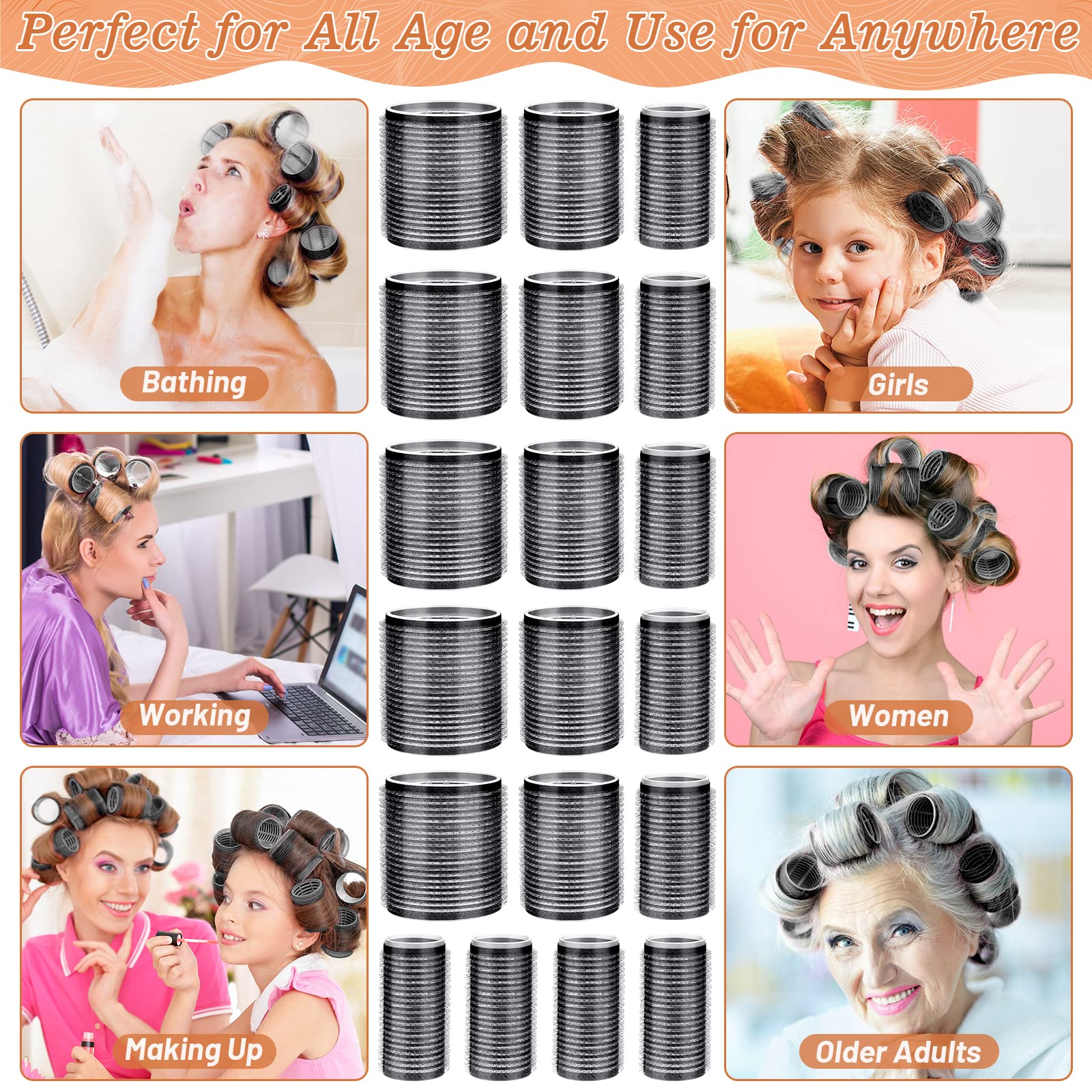 BARSDAR Jumbo Hair Curler Rollers 24PCS Heatless Hair Roller with 12PCS Clips, 4 Sizes（Jumbo Large Medium Small）Self Grip Holding Hair Rollers for Long Medium Short Thick Fine Volume Thin Bangs Hair