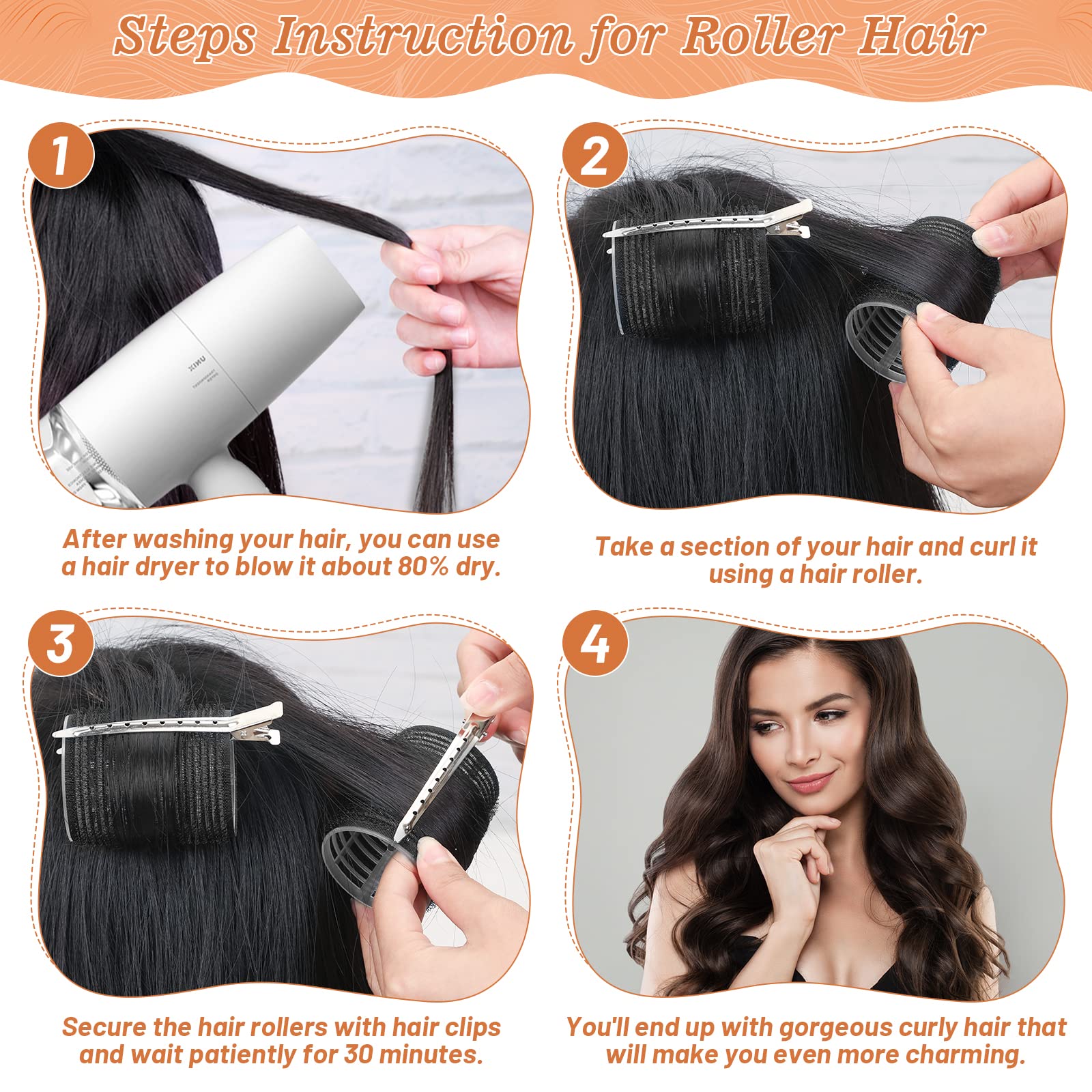 BARSDAR Jumbo Hair Curler Rollers 24PCS Heatless Hair Roller with 12PCS Clips, 4 Sizes（Jumbo Large Medium Small）Self Grip Holding Hair Rollers for Long Medium Short Thick Fine Volume Thin Bangs Hair