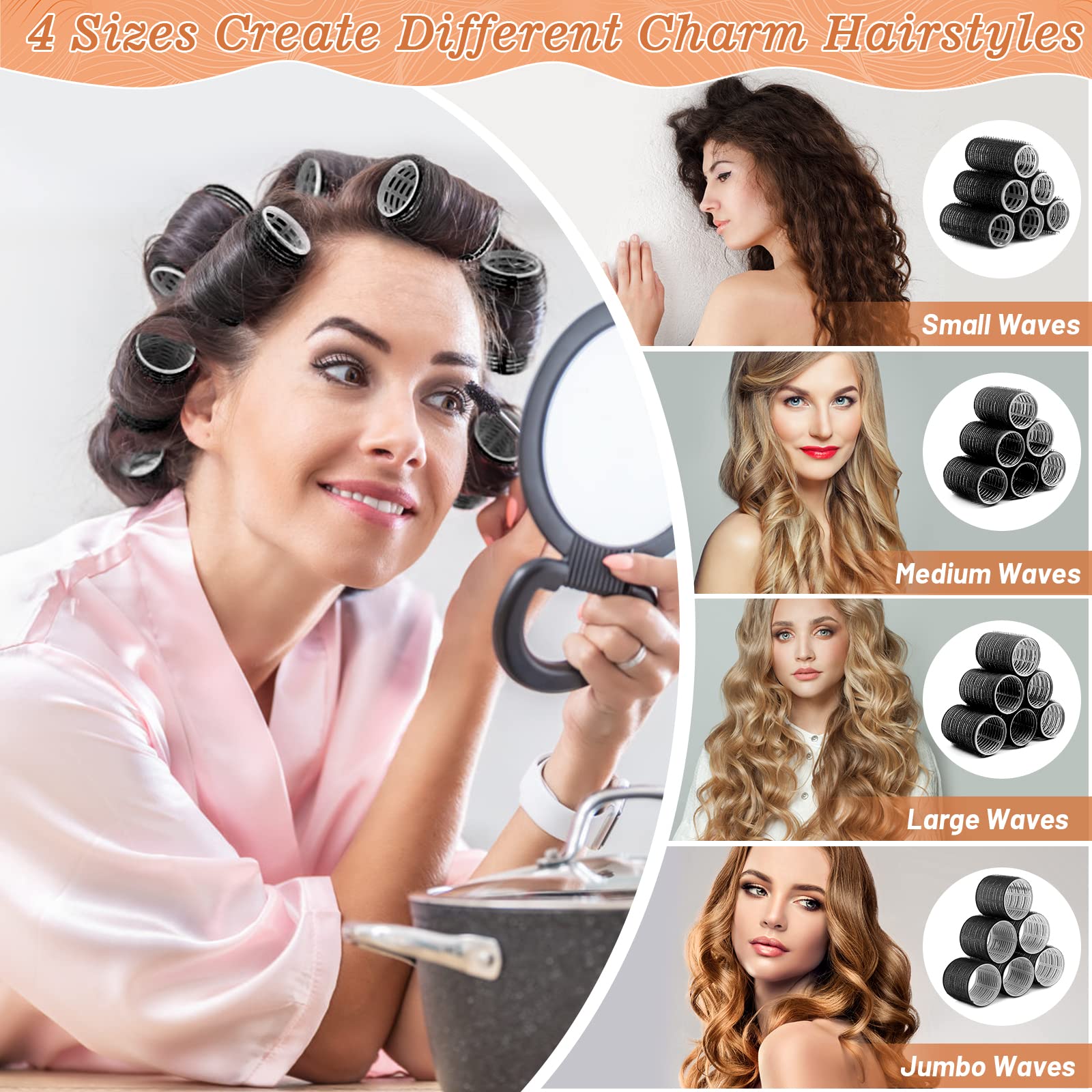 BARSDAR Jumbo Hair Curler Rollers 24PCS Heatless Hair Roller with 12PCS Clips, 4 Sizes（Jumbo Large Medium Small）Self Grip Holding Hair Rollers for Long Medium Short Thick Fine Volume Thin Bangs Hair