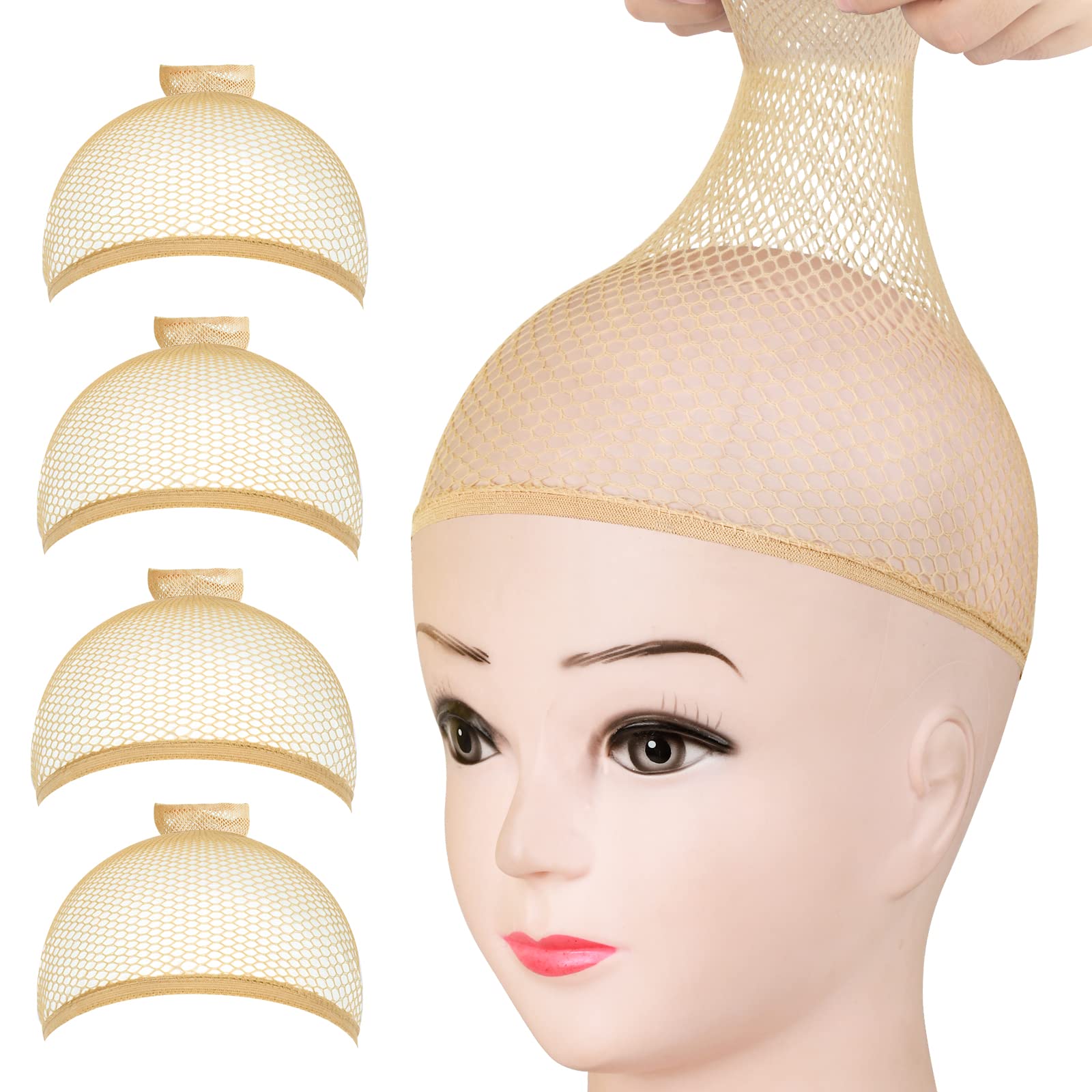 BARSDAR Wig Caps Net, FANDAMEI 4PCS Wig Caps Mesh Net Open End, Light Brown Wig Cap for women, Nylon Mesh Wig Caps Net, Strength Wig Cap Light Brown