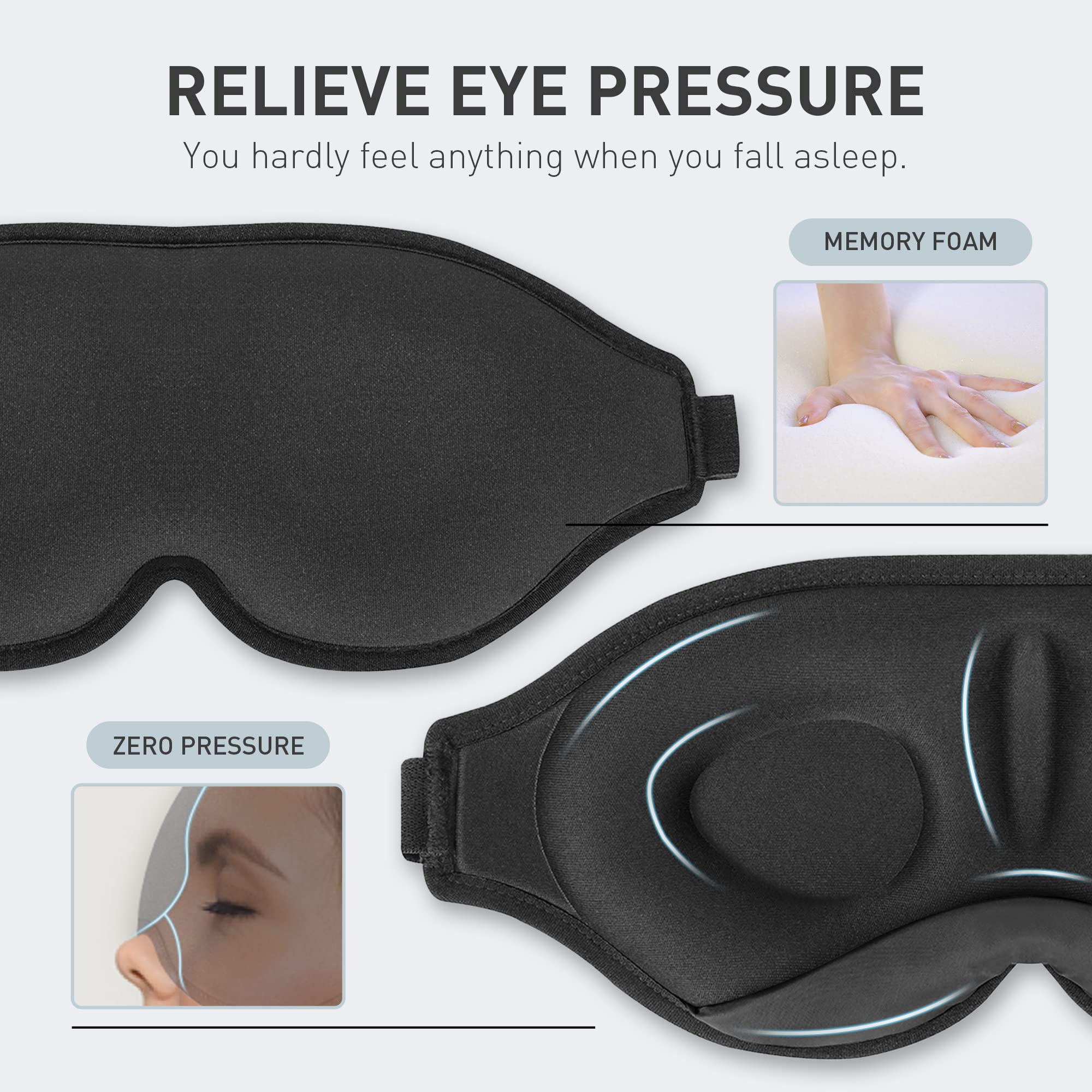 BARSDAR 2 Packs Sleep Mask with 3D Contoured Cup, Eye mask with Adjustable Strap, Soft Breathable Blockout Eye Cover with Zero Pressure for Travel Nap Relax