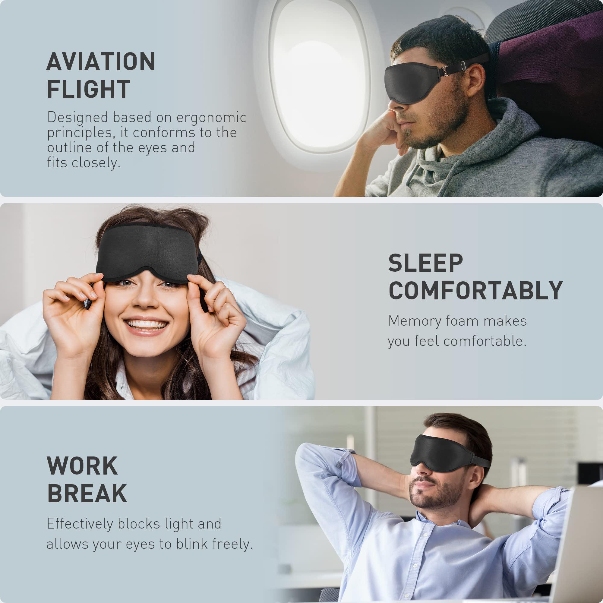BARSDAR 2 Packs Sleep Mask with 3D Contoured Cup, Eye mask with Adjustable Strap, Soft Breathable Blockout Eye Cover with Zero Pressure for Travel Nap Relax