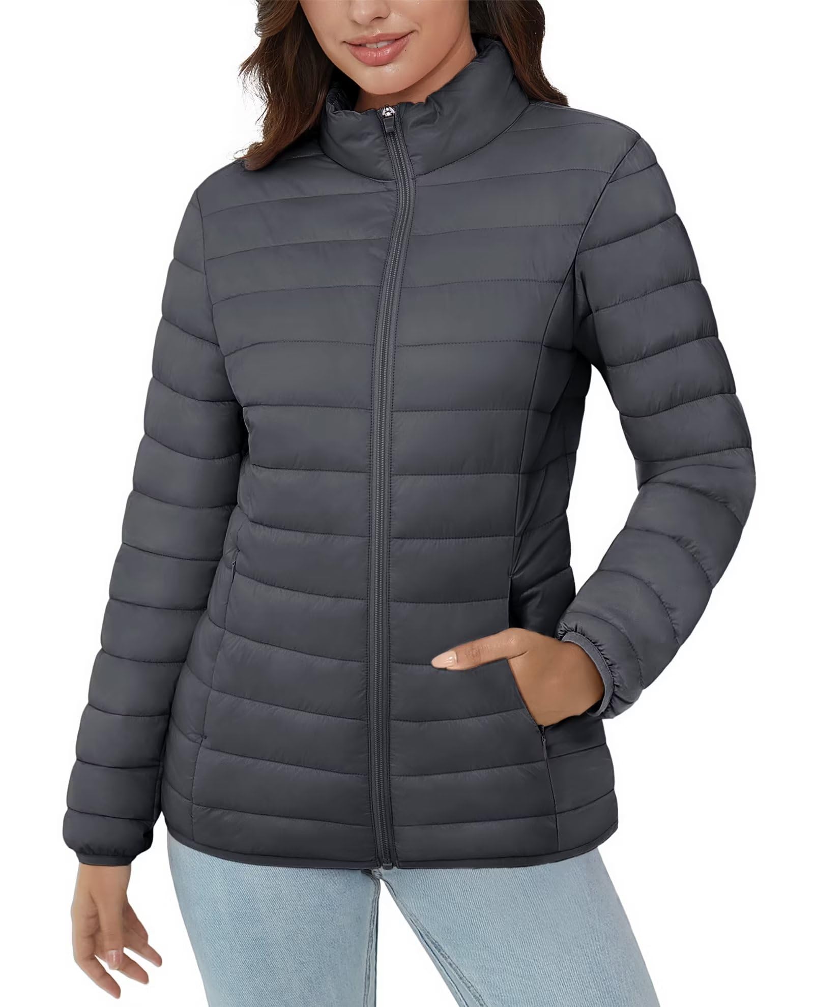 BARSDAR Women's Puffer Jacket Lightweight Quilted Padded 4 Pockets Zip-up Stand-collar Winter Fleece Coat