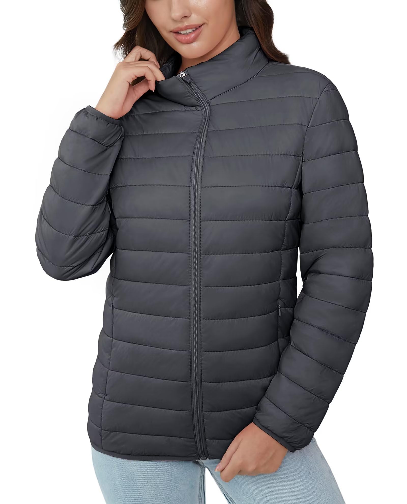 BARSDAR Women's Puffer Jacket Lightweight Quilted Padded 4 Pockets Zip-up Stand-collar Winter Fleece Coat