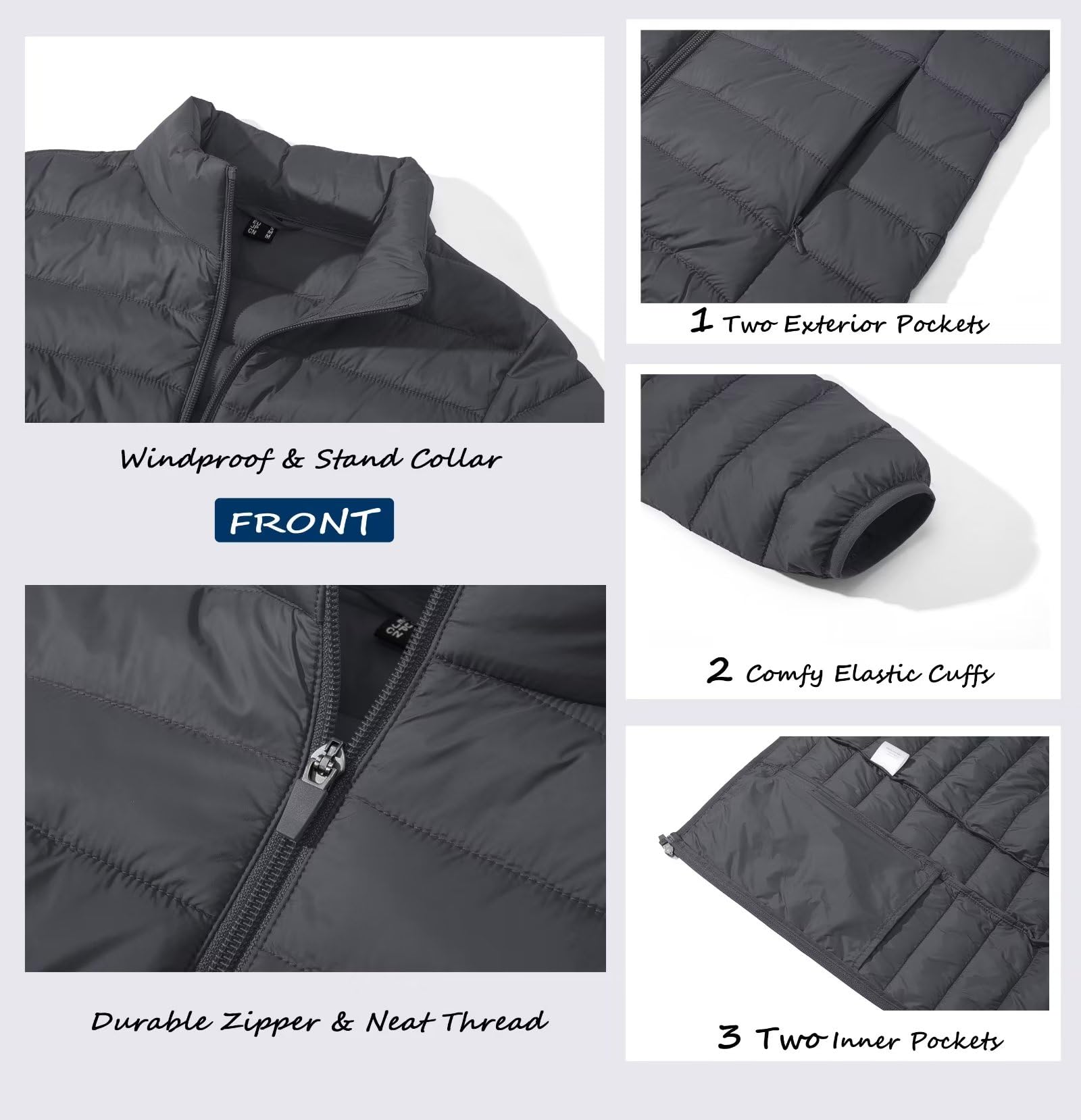 BARSDAR Women's Puffer Jacket Lightweight Quilted Padded 4 Pockets Zip-up Stand-collar Winter Fleece Coat
