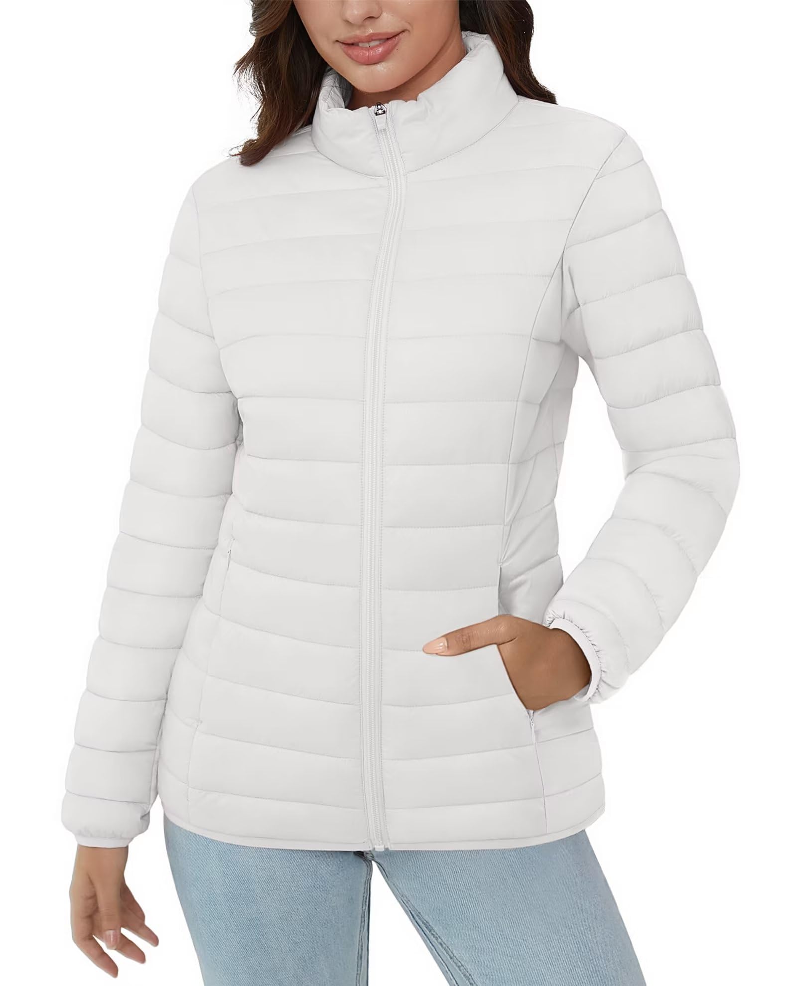 BARSDAR MAGCOMSEN Women's Puffer Jacket Lightweight Quilted Padded 4 Pockets Zip-up Stand-collar Winter Fleece Coat