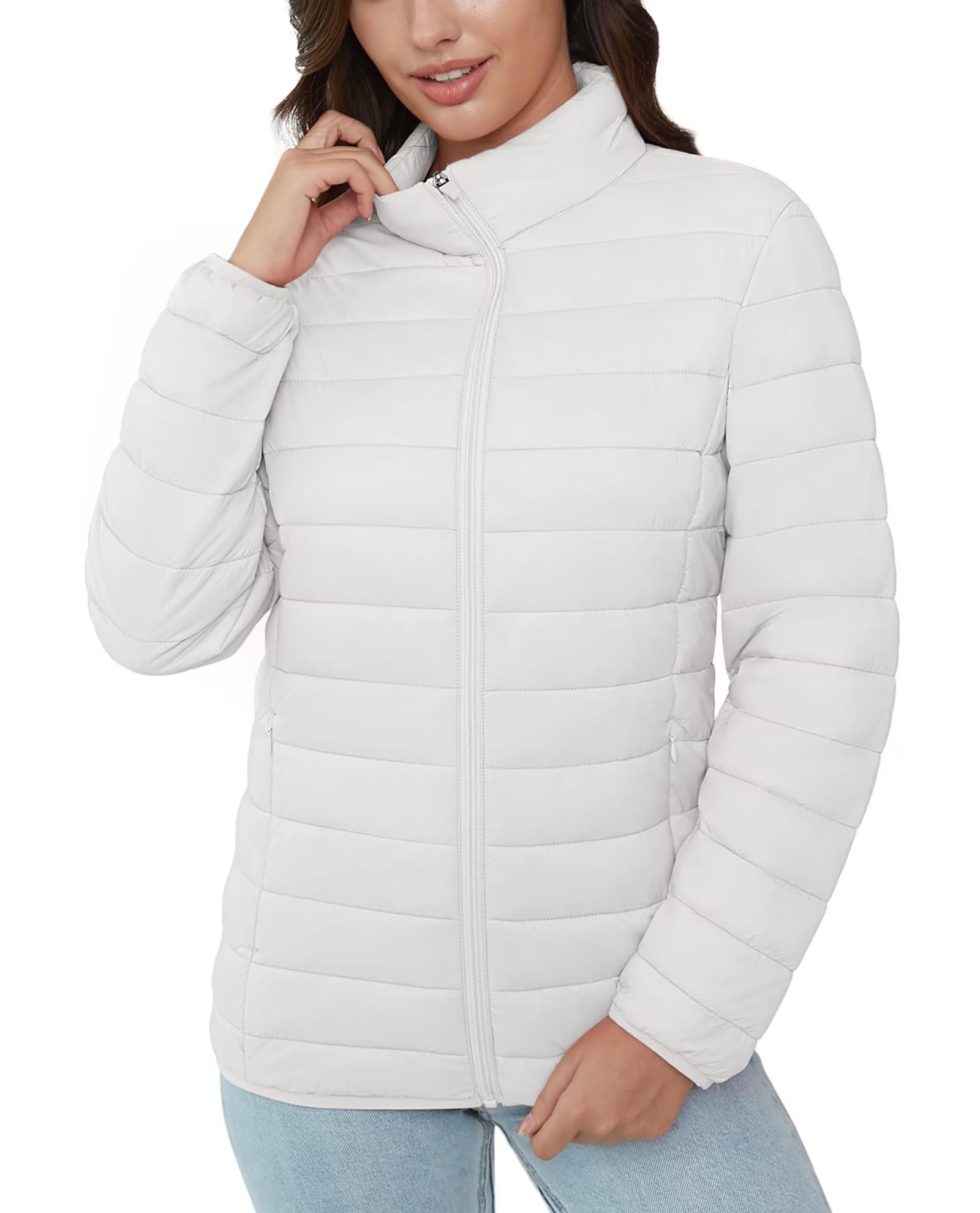 BARSDAR MAGCOMSEN Women's Puffer Jacket Lightweight Quilted Padded 4 Pockets Zip-up Stand-collar Winter Fleece Coat
