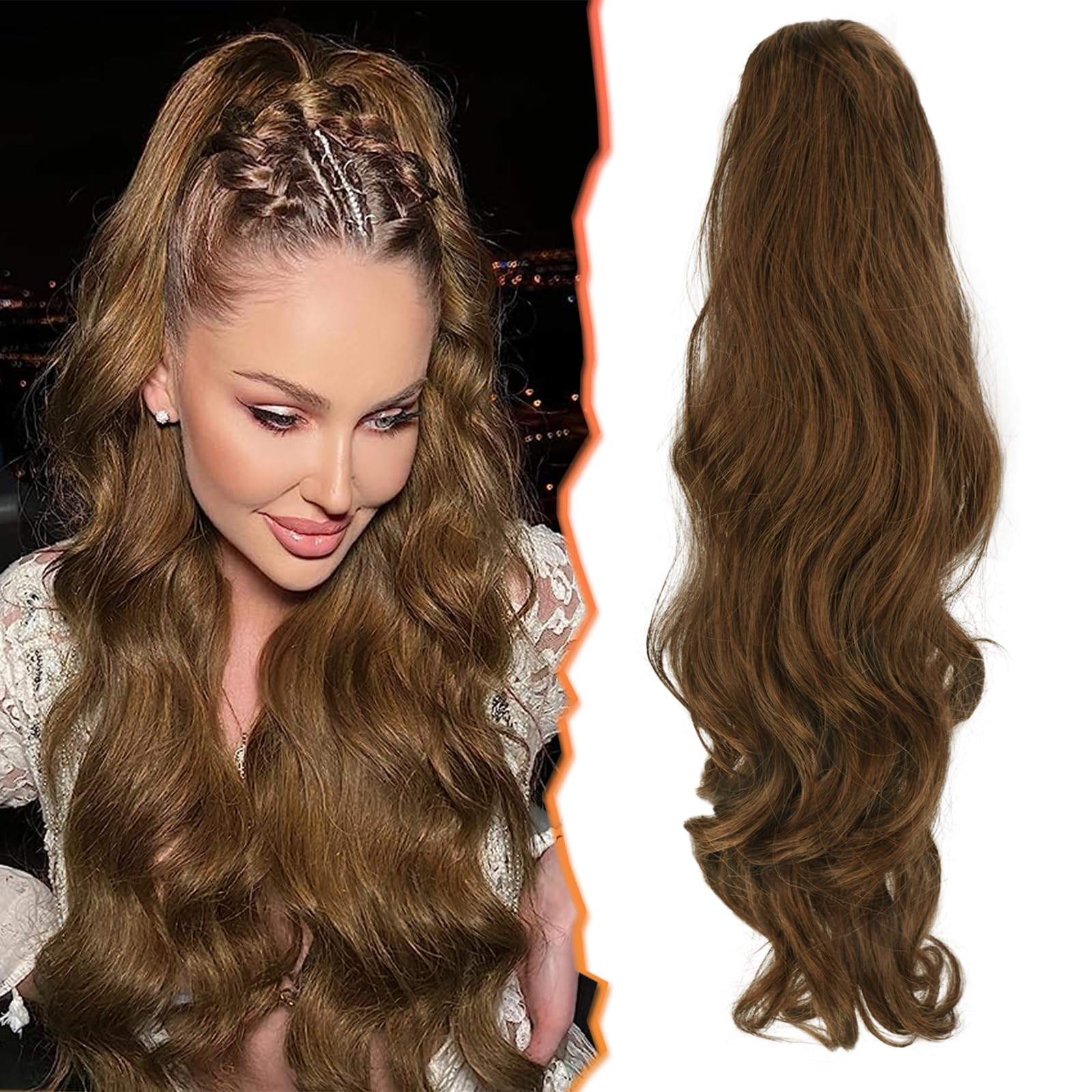 BARSDAR Claw Clip Ponytail Extension, BARSDAR 20'' Claw Clip Wavy Ponytail Hair Extensions for Women Synthetic Balayage Clip in Ponytail Hairpieces Fake Pony Tails for Girls Daily Party(Brown & Auburn)