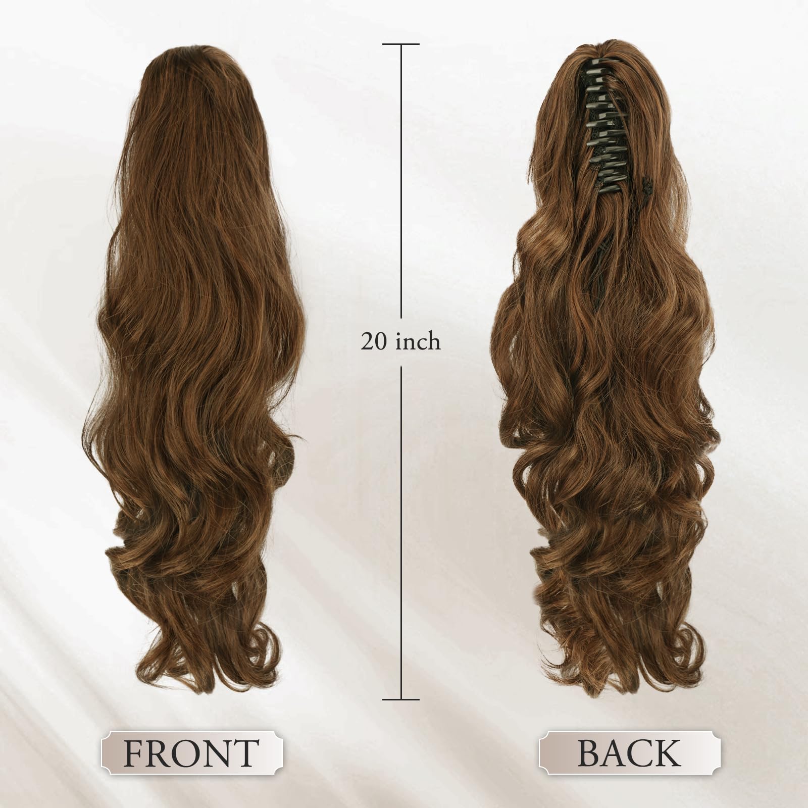 BARSDAR Claw Clip Ponytail Extension, BARSDAR 20'' Claw Clip Wavy Ponytail Hair Extensions for Women Synthetic Balayage Clip in Ponytail Hairpieces Fake Pony Tails for Girls Daily Party(Brown & Auburn)
