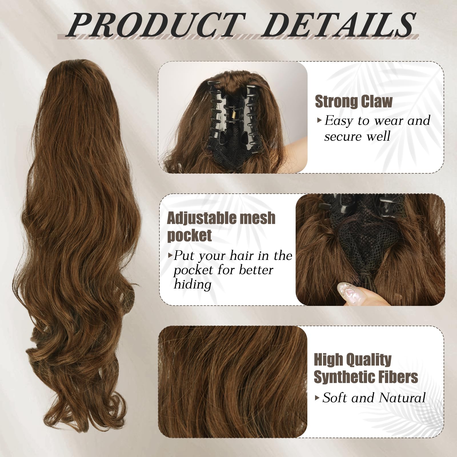 BARSDAR Claw Clip Ponytail Extension, BARSDAR 20'' Claw Clip Wavy Ponytail Hair Extensions for Women Synthetic Balayage Clip in Ponytail Hairpieces Fake Pony Tails for Girls Daily Party(Brown & Auburn)