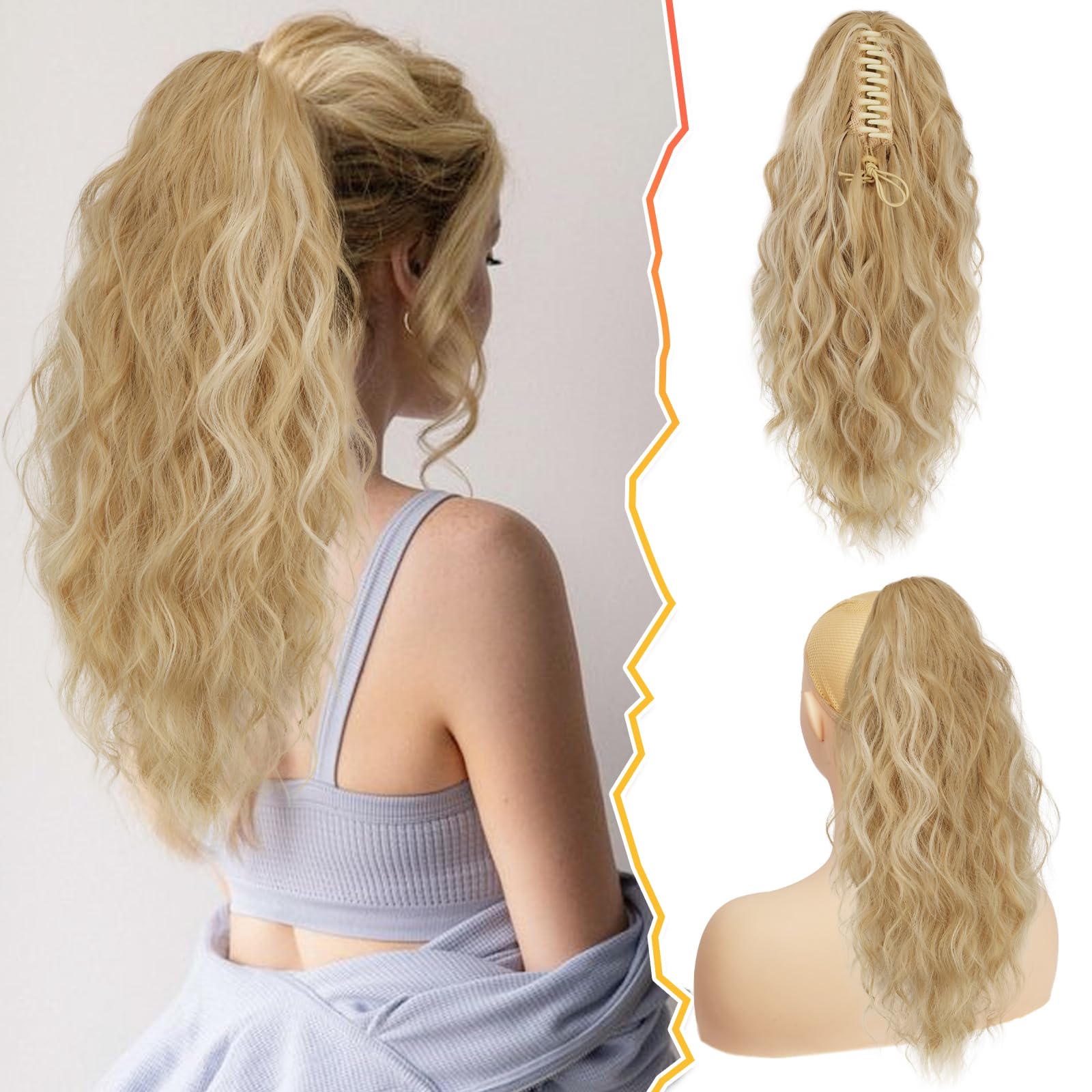 BARSDAR Claw Clip Ponytail Extension, BARSDAR 18 In Long Curly Wavy Blonde Ponytail Multi Layered Ponytail Hair Extensions Fake Pony Tail Hairpieces for Women Synthetic Daily Party (Blonde Mixed)