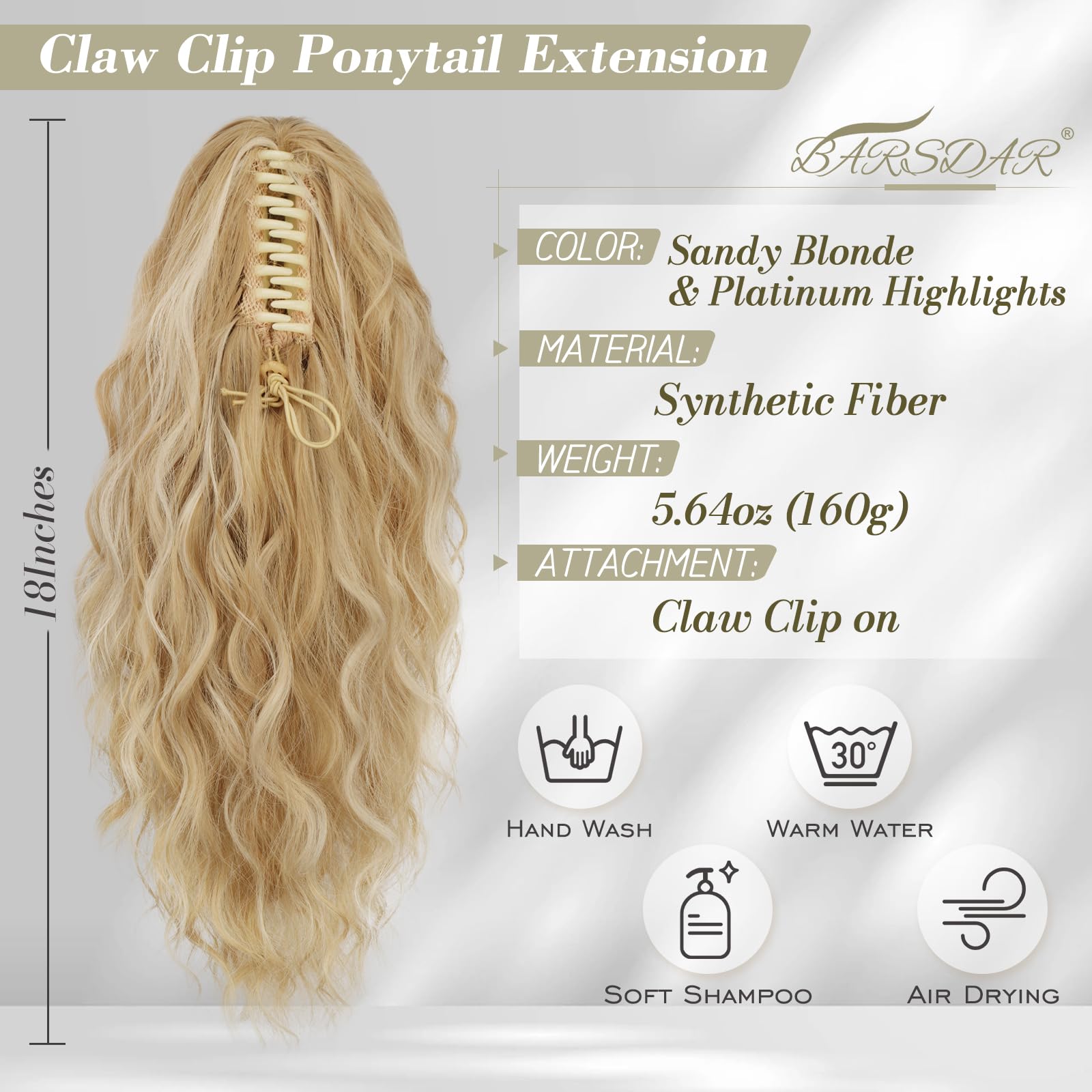 BARSDAR Claw Clip Ponytail Extension, BARSDAR 18 In Long Curly Wavy Blonde Ponytail Multi Layered Ponytail Hair Extensions Fake Pony Tail Hairpieces for Women Synthetic Daily Party (Blonde Mixed)