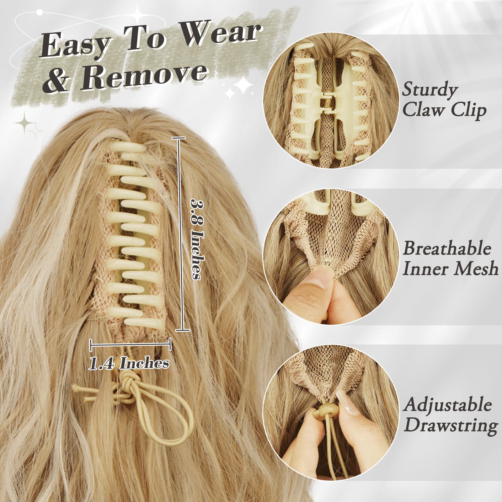 BARSDAR Claw Clip Ponytail Extension, BARSDAR 18 In Long Curly Wavy Blonde Ponytail Multi Layered Ponytail Hair Extensions Fake Pony Tail Hairpieces for Women Synthetic Daily Party (Blonde Mixed)