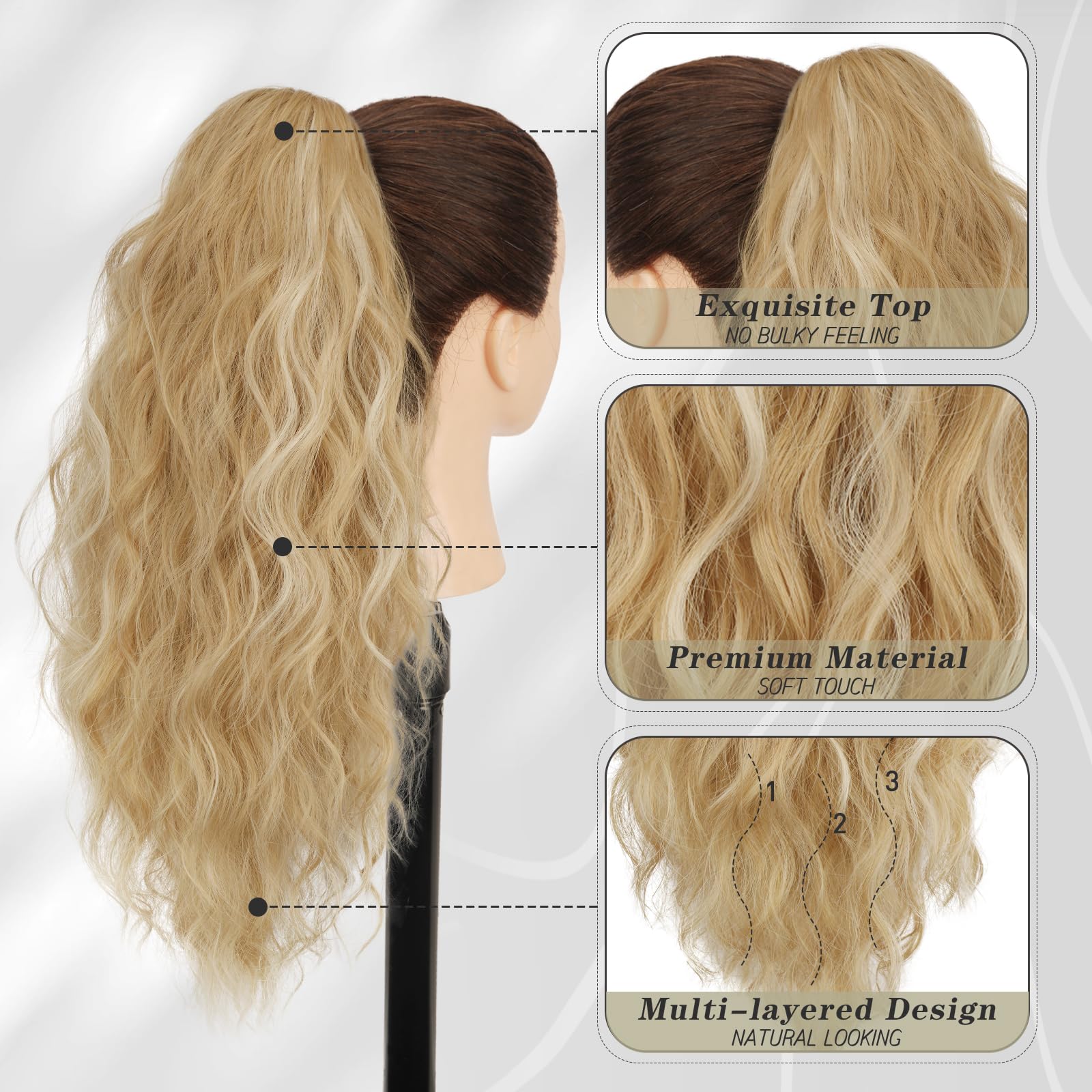 BARSDAR Claw Clip Ponytail Extension, BARSDAR 18 In Long Curly Wavy Blonde Ponytail Multi Layered Ponytail Hair Extensions Fake Pony Tail Hairpieces for Women Synthetic Daily Party (Blonde Mixed)