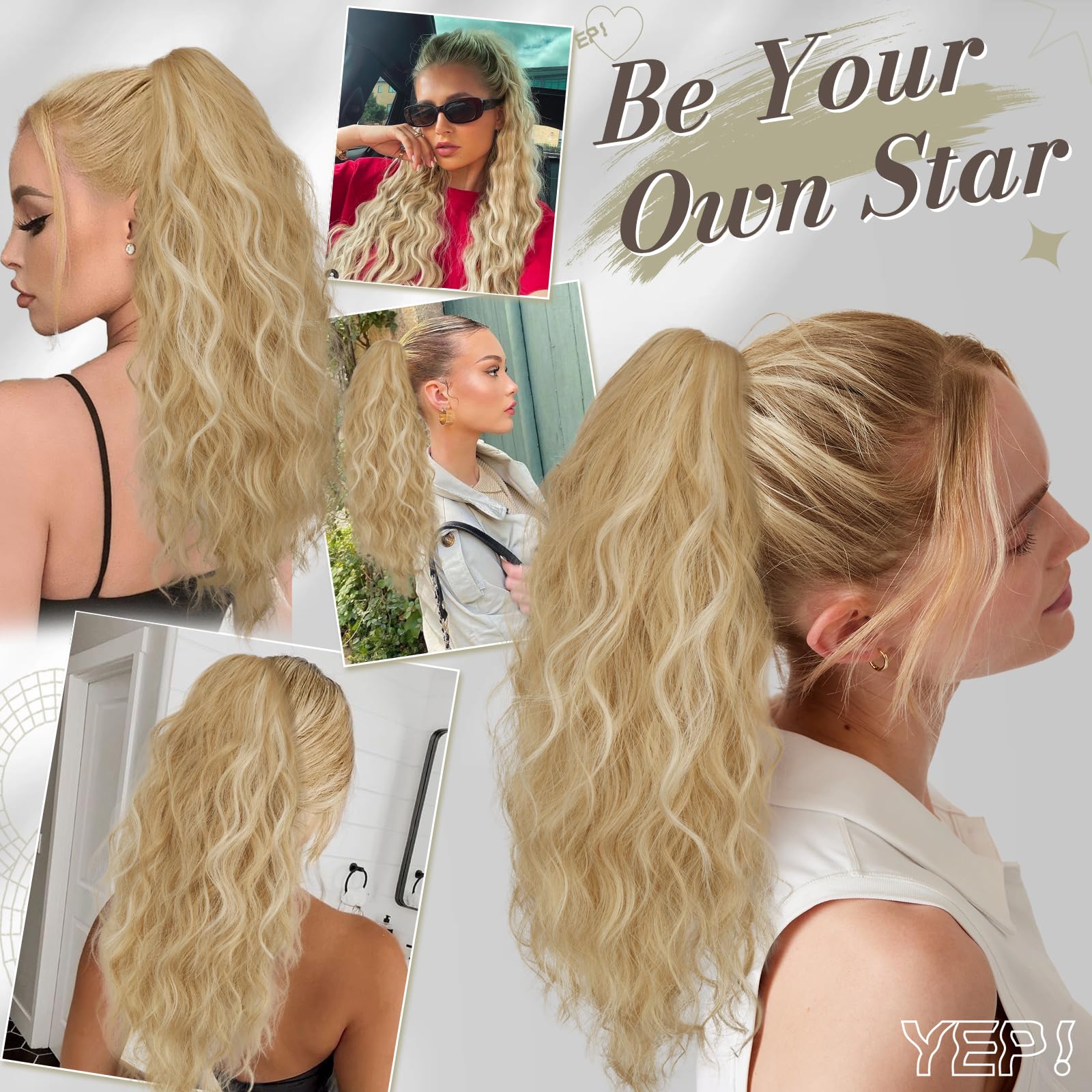 BARSDAR Claw Clip Ponytail Extension, BARSDAR 18 In Long Curly Wavy Blonde Ponytail Multi Layered Ponytail Hair Extensions Fake Pony Tail Hairpieces for Women Synthetic Daily Party (Blonde Mixed)