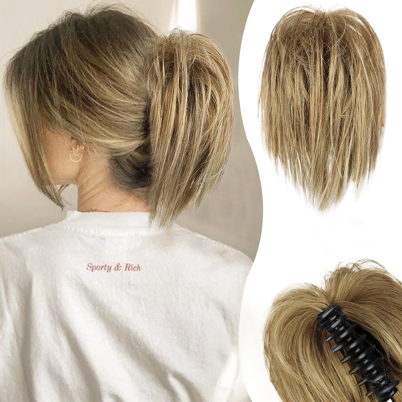 BARSDAR Claw Clip Messy Bun Hair Piece, Short Straight Hair Ponytail Bun Extensions Blonde Hair Bun Synthetic Claw Clip on Hairpieces Fake Hair Bun Extensions for Women Girls-Blonde